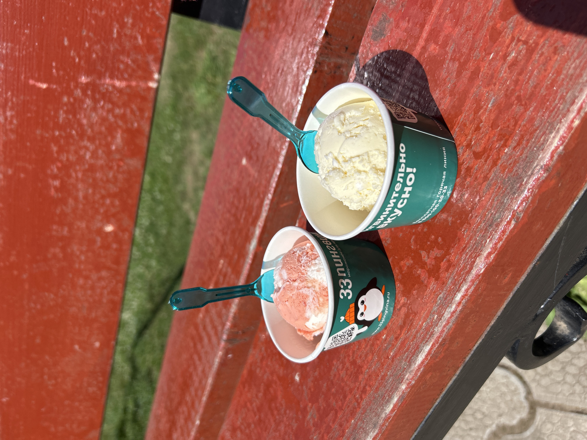 Two cups of ice cream sit on a red wooden bench, on a sunny day. The cup on the left contains pink and white ice cream, and the cup on the right contains yellow ice cream. Both cups have a teal spoon inserted into them. The cups are green with white text and a penguin logo. The background shows a green lawn and a glimpse of a paved area. The image was taken in the city of Chaikovsky, Russia.