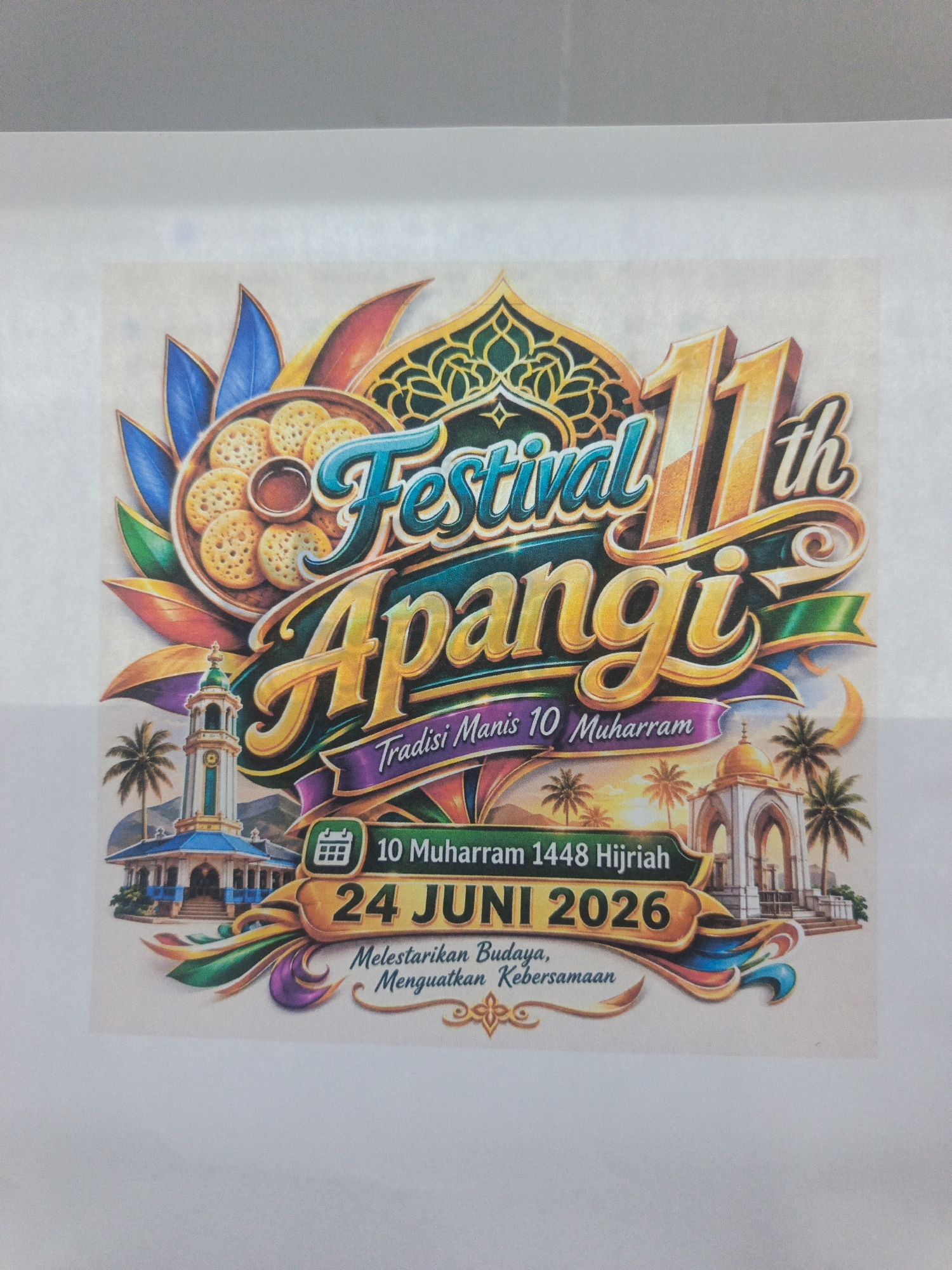 The image is a colorful poster advertising the "Festival 11th Apangi" in Gorontalo, Indonesia. The festival celebrates "Tradisi Manis 10 Muharram" and will take place on June 24, 2026. The poster features a stylized depiction of a mosque with a minaret and a dome, surrounded by palm trees, and a crescent moon. In the foreground, there is a bowl of small, circular pastries, likely the "Apangi" being celebrated. The text is in a decorative, vibrant font, and the overall design is festive and celebratory. There are no people or specific actions depicted. The poster is designed to evoke a sense of cultural heritage and community celebration.