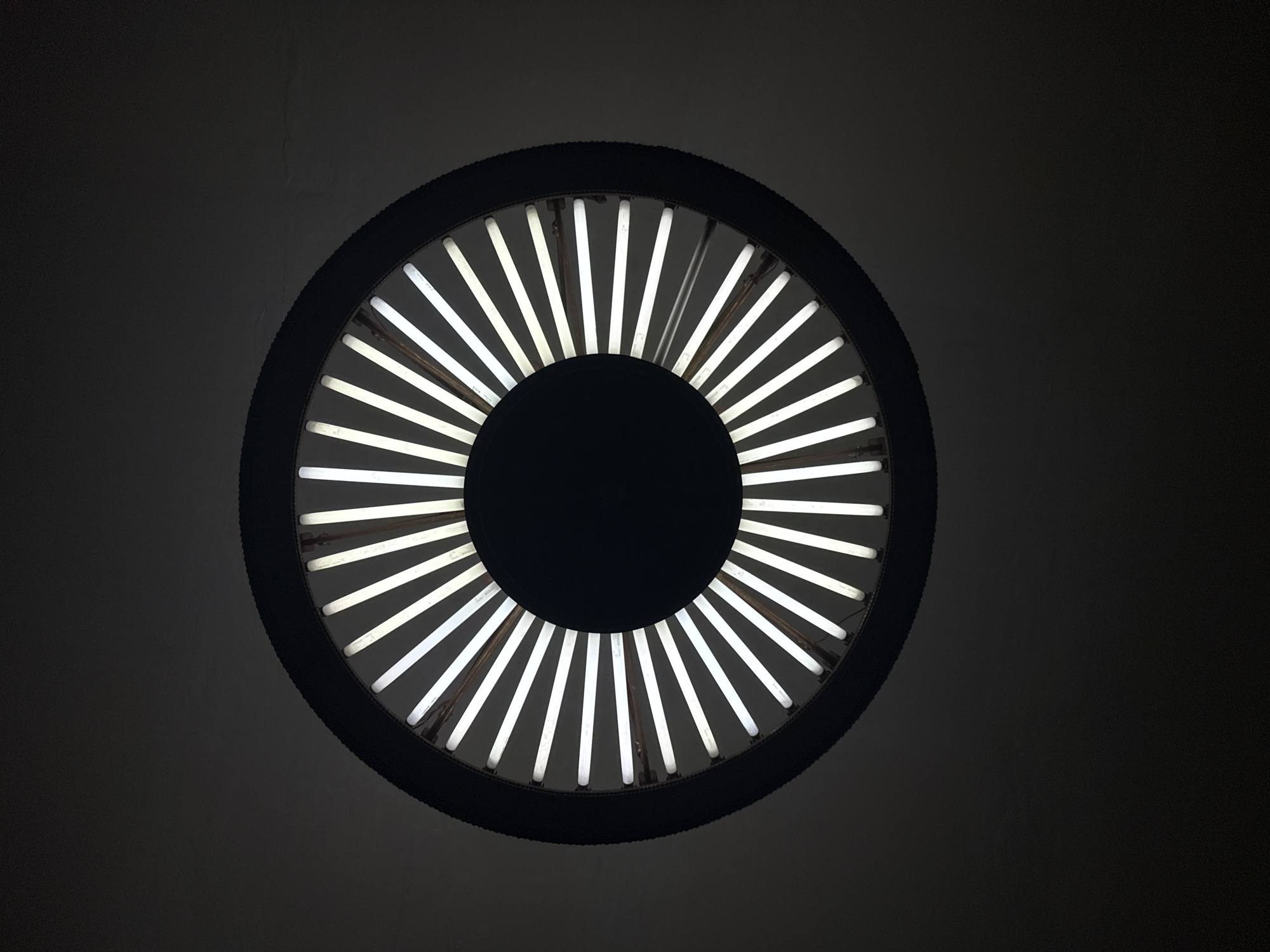 The image shows a circular light fixture mounted on a ceiling. The fixture consists of a black circular frame with evenly spaced white fluorescent tube lights radiating outwards from a central black disk. The background is a dark gray ceiling. The image appears to be taken from directly below the light fixture, looking upwards. I cannot provide the location in Moscow.