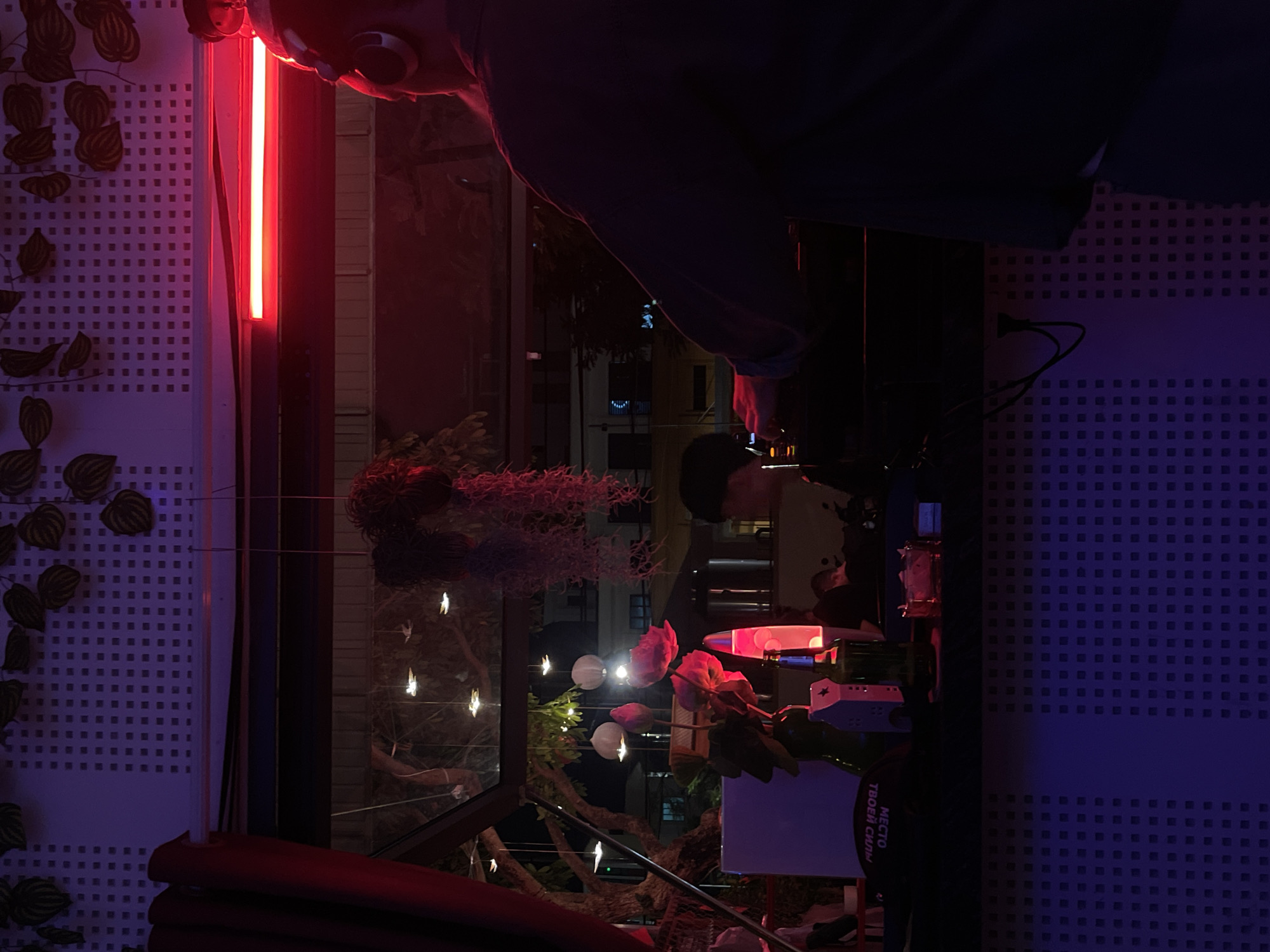 The image captures a dimly lit interior scene, likely a bar or club, with a DJ in the foreground wearing headphones and operating equipment. The space is illuminated by red and purple lighting, with a neon red light bar visible overhead. Through a large window, the night view of a city, presumed to be Da Nang, Vietnam, is visible, featuring trees and buildings. Several decorative elements are present, including hanging plants, paper lanterns, and flowers in a vase. The overall atmosphere suggests a lively entertainment venue at night.