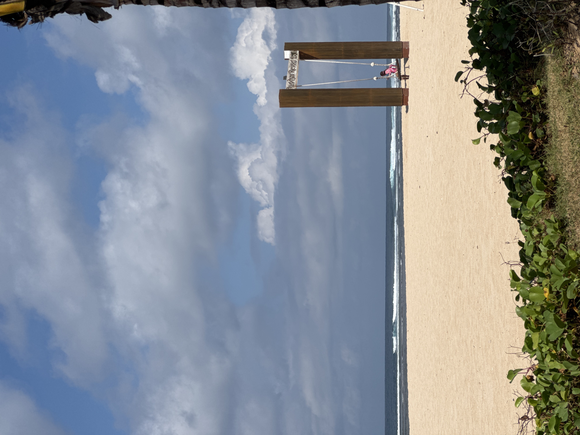 This is a photograph taken at a beach in Kuta Selatan, Indonesia. The image is oriented vertically. In the foreground, on the right side, there is lush green vegetation and grass growing on the sand. The main subject of the image is a large, wooden swing set with a sign attached to it that reads "AYURVA RESORT BALI". The swing set is positioned in the middle of the sandy beach, near the water. On the swing, a person wearing a pink top is sitting. Beyond the swing, the ocean stretches out with waves breaking near the shore, indicating it is likely daytime with good weather conditions, possibly sunny with some clouds in the sky. The sand is light brown and appears smooth and expansive. The overall scene suggests a tropical vacation or resort setting, with a relaxed and pleasant atmosphere.