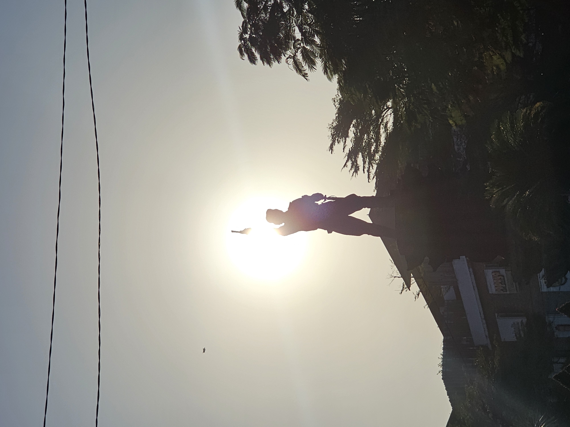 A silhouette of a statue of a soldier is depicted against a bright sun in Denpasar, Indonesia. The statue stands on top of a building, holding a rifle in its raised right hand. The sky is clear with the sun positioned centrally, creating a halo effect. Two power lines are visible crossing the top of the frame. A small object, possibly a bird or an insect, is seen in the upper left portion of the sky. Below the statue, part of a building with some signage is visible, partially obscured by trees. The overall scene is taken from a low angle, looking upwards towards the statue and the sky.
