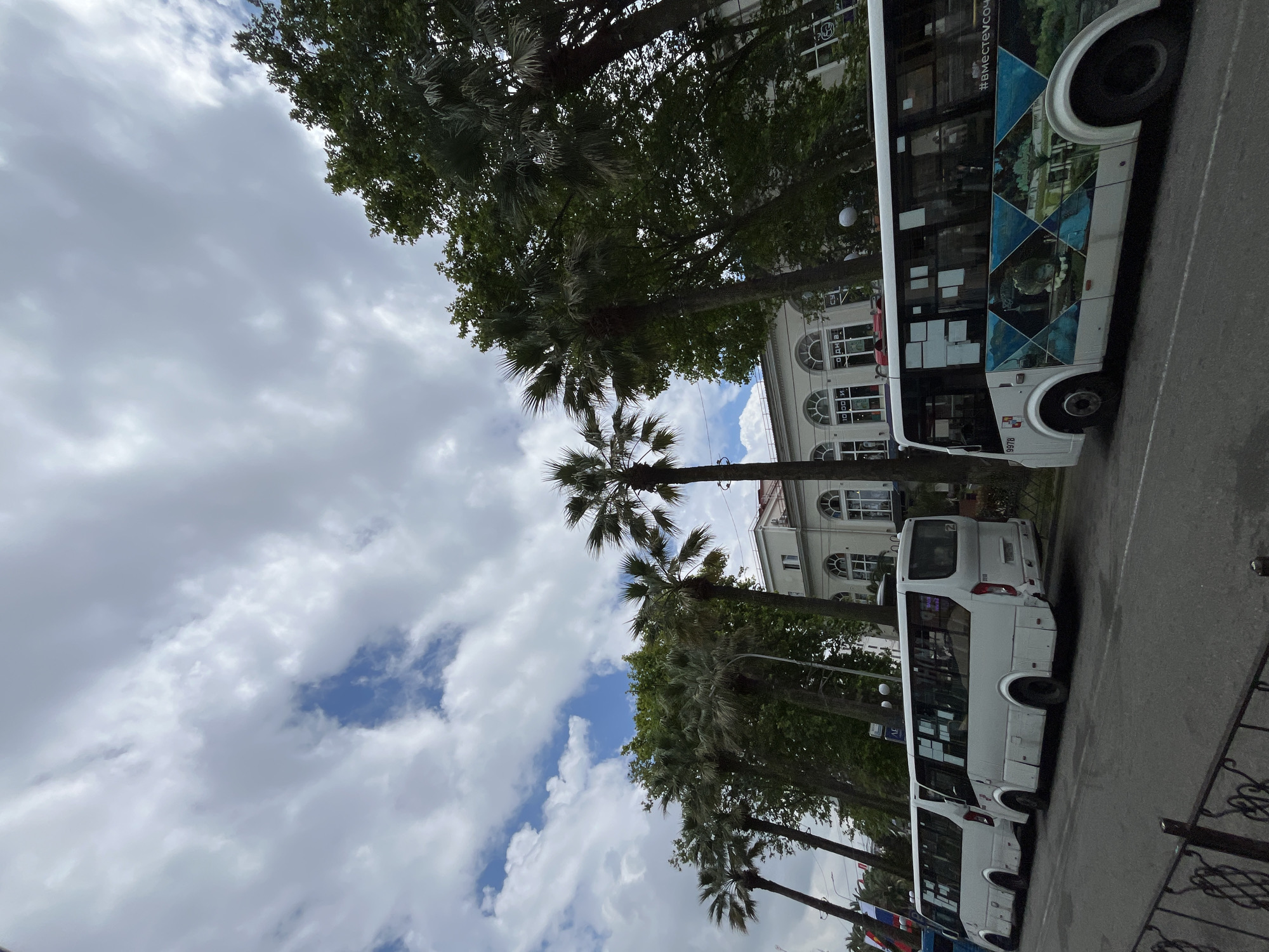 The image captures a street scene in Sochi, Russia, likely in an area with a mild climate, as evidenced by the presence of numerous palm trees lining the street. In the foreground, several white buses are parked along the roadside. The buses appear to be passenger vehicles, with windows and doors visible. One bus in the foreground has a distinctive graphic design on its side, featuring a mosaic of images in blue and white. Behind the buses, a light-colored building with arched windows and architectural detailing suggests a public building or historical structure. The sky above is partly cloudy, with a mix of white clouds and patches of blue sky. The overall environment appears to be a city street, possibly a boulevard or a main thoroughfare, with trees providing shade and a sense of greenery amidst the urban landscape.