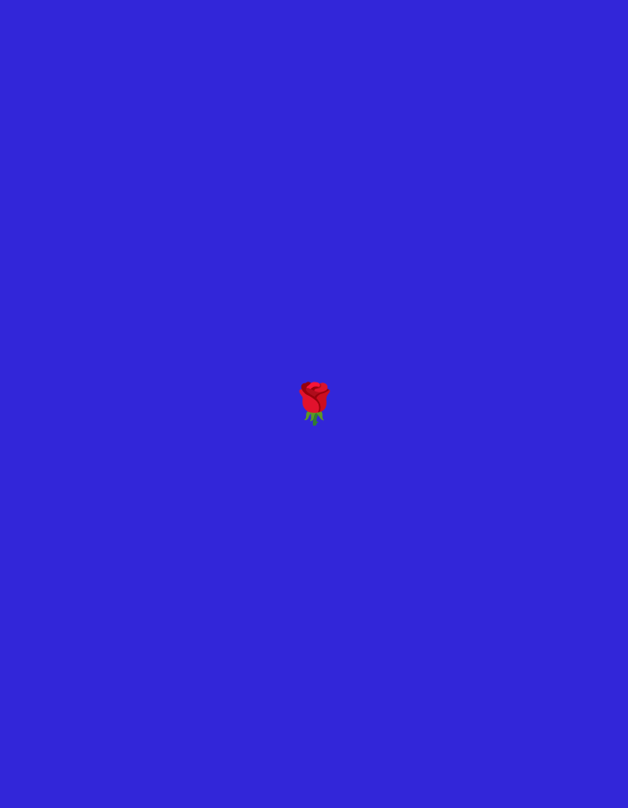 A single red rose with green leaves is centrally located against a solid, deep blue background.