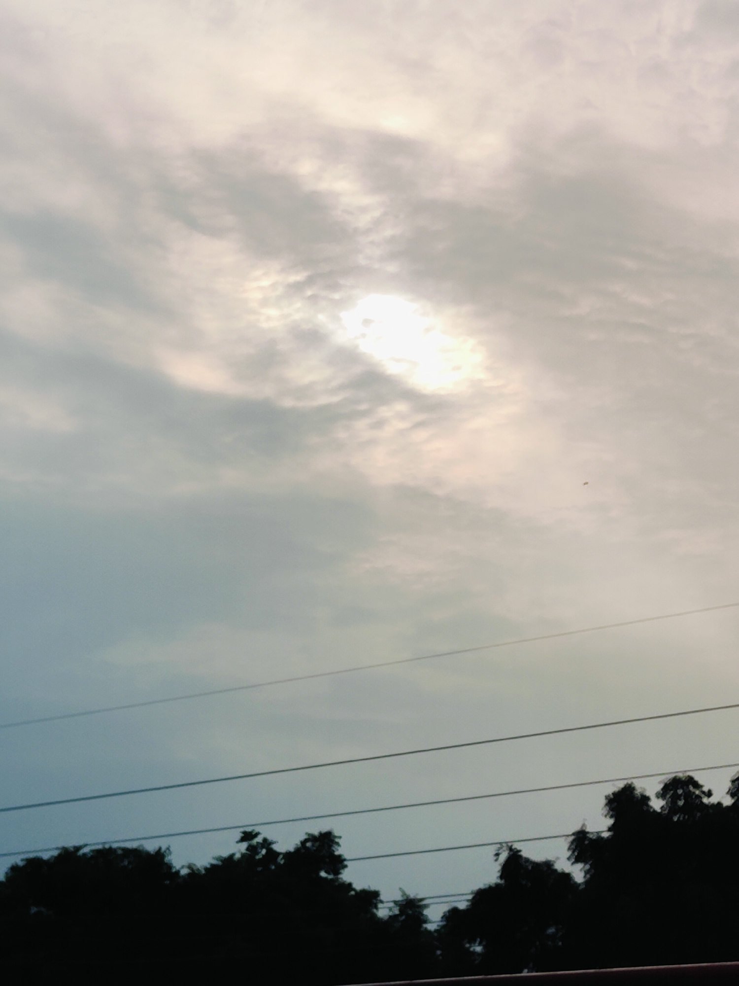 The image depicts a sky with diffused sunlight breaking through clouds, casting a soft glow. Silhouetted against the sky are several horizontal power lines. Below the power lines, a dark silhouette of trees and foliage runs along the bottom edge of the frame. The overall scene is overcast with a hint of a late afternoon or early morning light. The location is identified as Gurgaon, India.