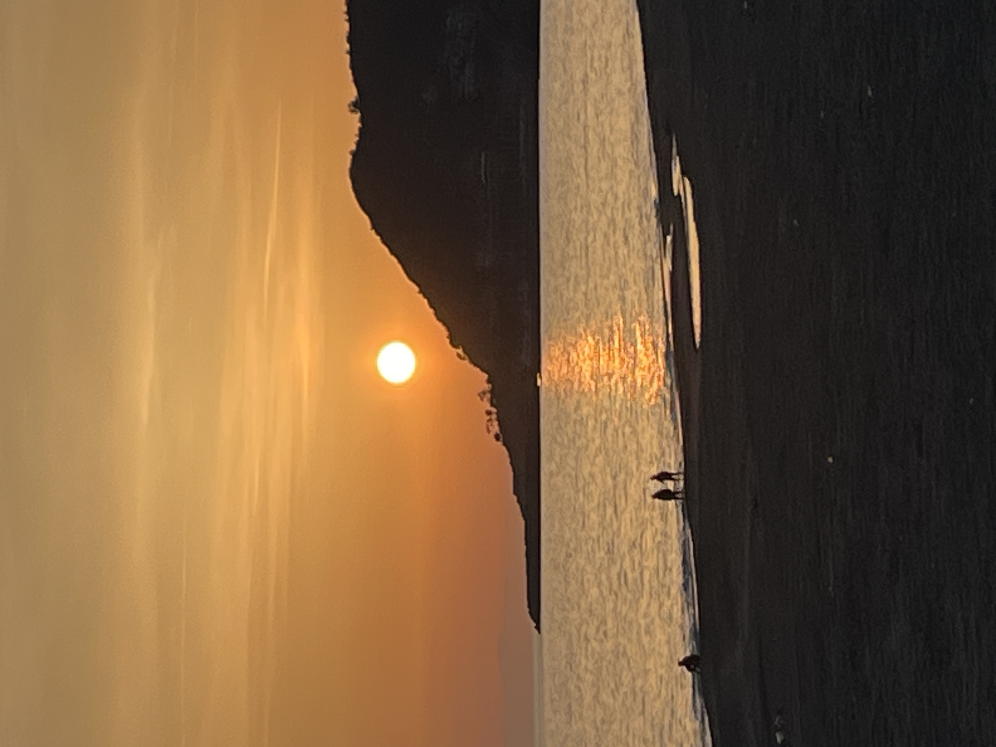 A photograph displays a sunset scene in Alanya, Turkey. The sun, represented as a bright, circular orb, dominates the left side of the image and its light creates a warm, orange glow in the sky. Adjacent to the sky, a silhouette of a mountain or a rocky formation runs vertically, dividing the image. To the right of the mountain, the sea reflects the sun's rays in a shimmering, vertical pattern. Two figures are visible near the shoreline, appearing as small silhouettes, seemingly engaged in walking along the beach. The immediate foreground is a dark, blurred expanse which is likely the beach area.