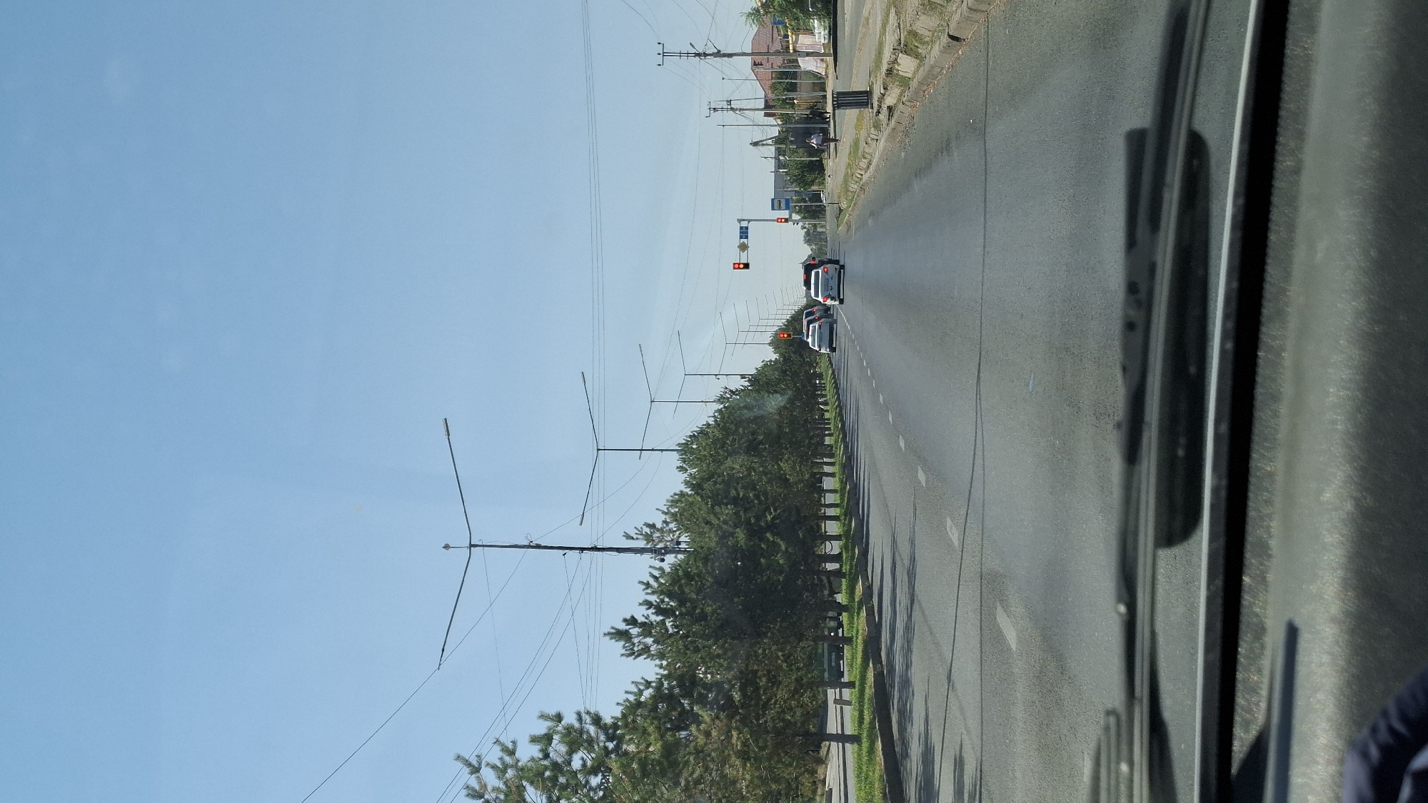 The image shows a view from inside a vehicle looking out at a wide, multi-lane road in Shymkent, Kazakhstan. The road is lined with trees on the left side and a concrete curb with some vegetation and buildings on the right. There are several cars driving on the road, and traffic lights are visible in the distance, with one displaying a red light. Streetlights are spaced along the road. The sky is clear and blue. The foreground shows the vehicle's dashboard and windshield wipers.