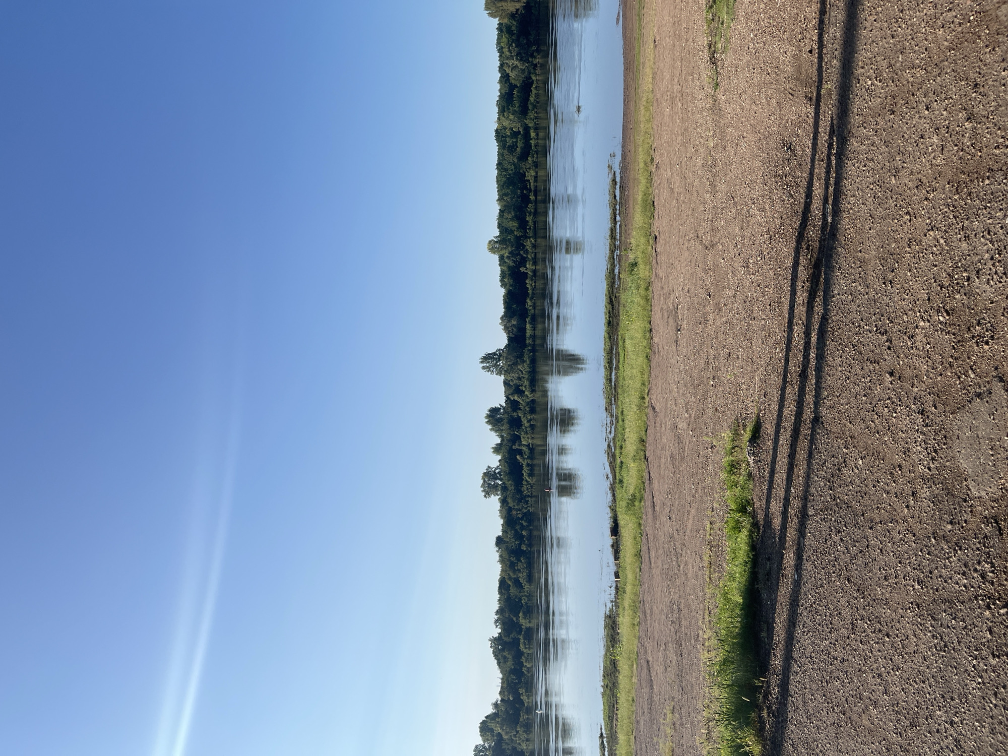 The image depicts a serene river scene under a clear blue sky, likely taken from a bank. The foreground is a coarse, brown dirt path with sparse green grass growing along the edge. Shadows of an unseen object or objects are cast across the path from the left, indicating the sun's position. The middle ground features the wide, calm river, reflecting the lush green tree line that borders the opposite bank. A thin strip of marshy ground with some vegetation is visible between the dirt path and the water. In the distance, across the river, is a dense line of various trees forming the horizon. The sky above is a gradient of light blue, with a faint, wispy cloud or contrail visible towards the upper left. The overall impression is one of natural tranquility on a bright day. Without additional context or metadata, pinpointing the exact location in Ufa, Russia is not possible from the image alone. However, it's a scene consistent with the many rivers and natural areas found within and around the city, such as along the Ufa River or the Belaya River.
