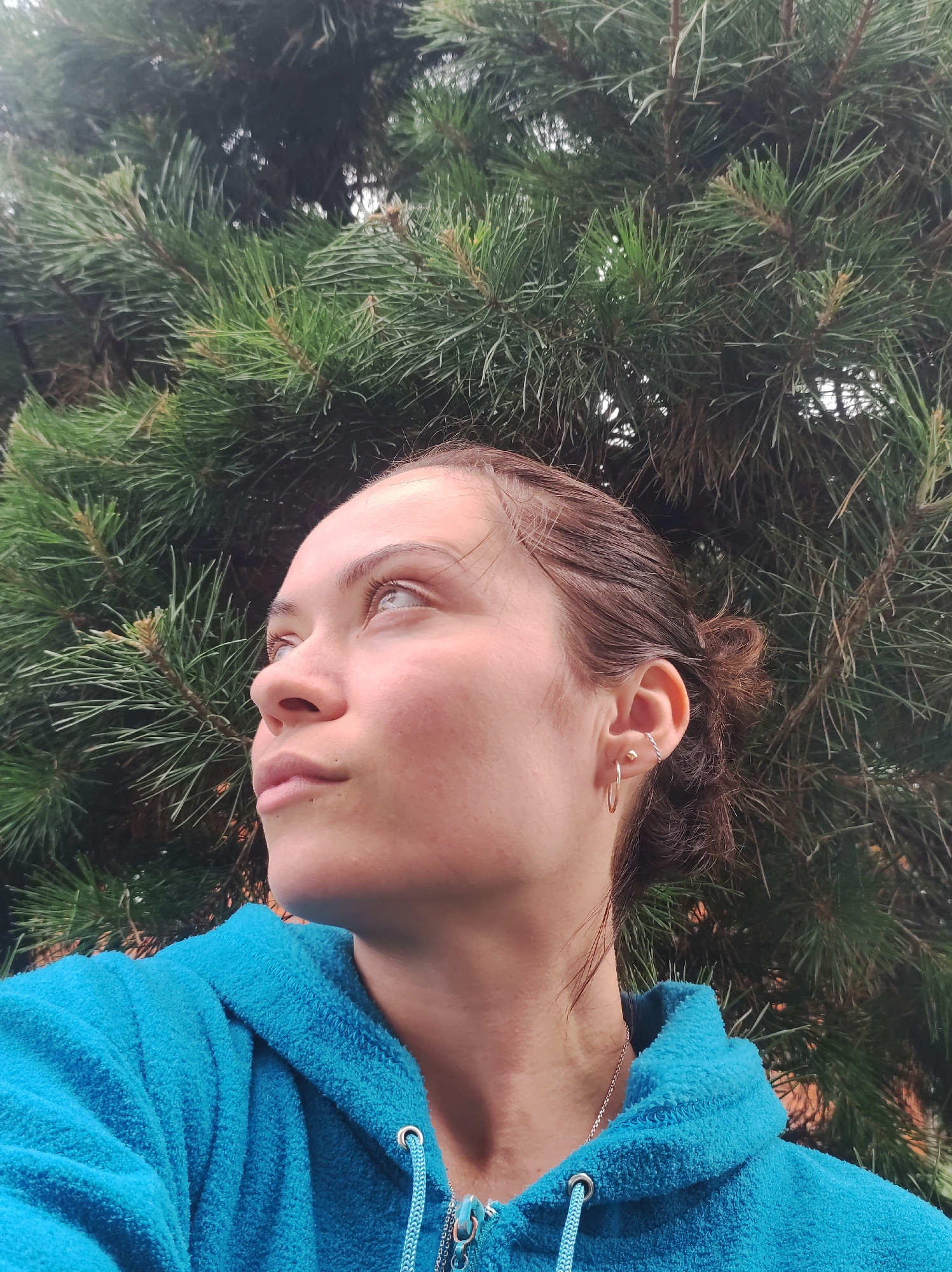 A young woman with brown hair pulled back is shown in a medium close-up, looking upwards and to her left, with a slightly parted mouth. She is wearing a bright blue hooded sweatshirt with a zipper. She has earrings in her left ear. The background is dominated by the dense green needles of a pine tree. There are no visible elements to indicate the location within the city of Fokino, Russia.