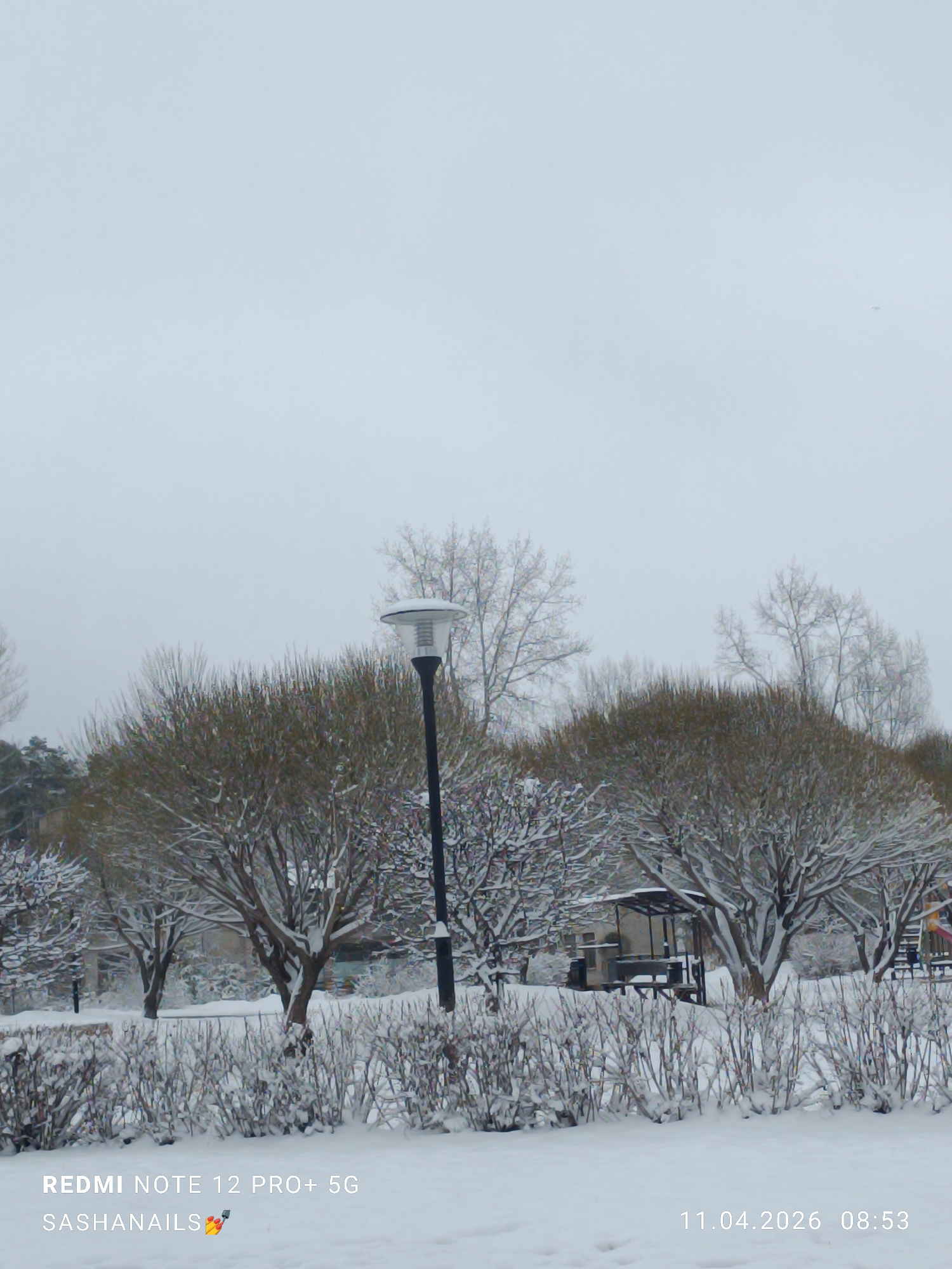 The image shows a snow-covered park in Chaikovsky, Russia, on April 11, 2026, at 08:53. Bare trees and bushes are dusted with snow. A black lamppost stands in the middle ground. A covered picnic area is visible in the background. The sky is overcast.