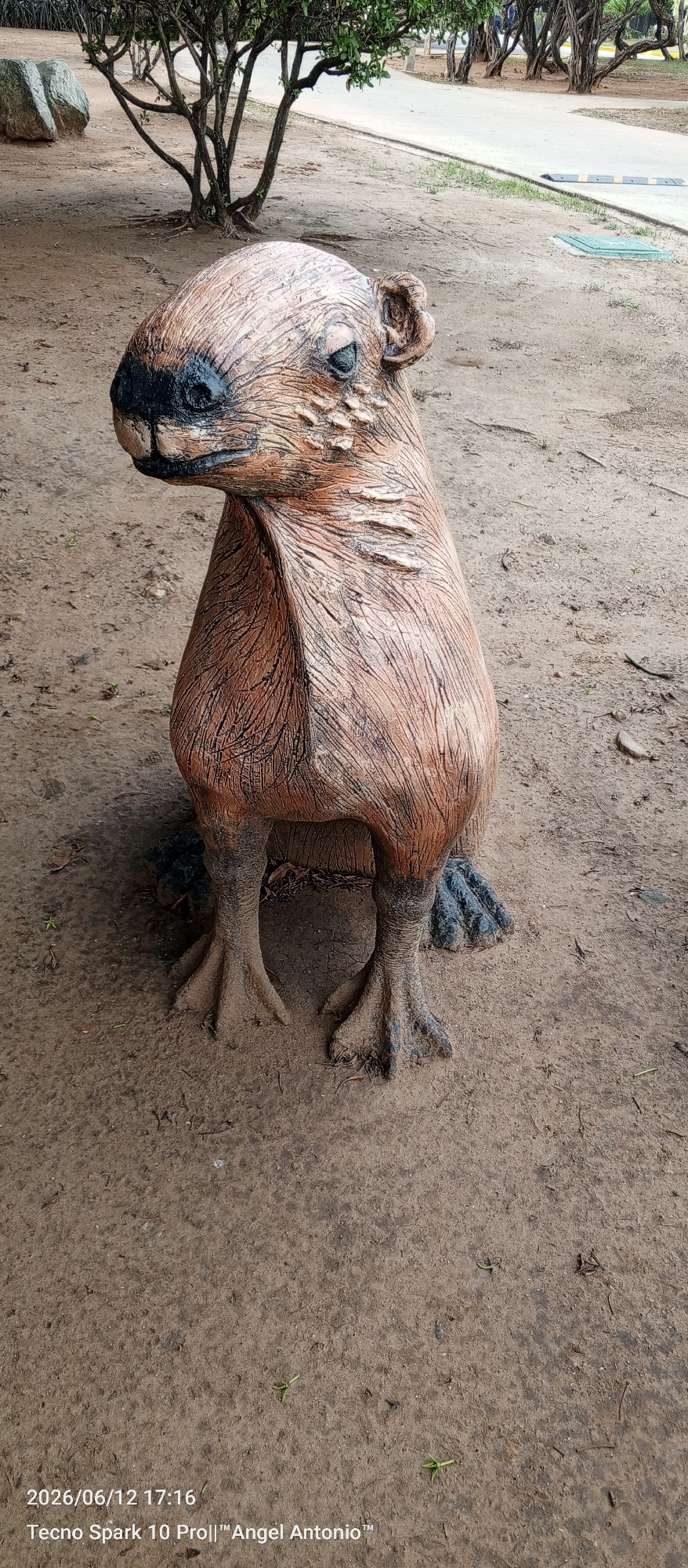 In the city of Pedro González, Venezuela, a concrete sculpture resembling a capybara sits on a dirt path. The sculpture is detailed, with textured skin and dark accents on its nose and ears. It has four clawed feet planted firmly on the ground. In the background, trees and a paved walkway are visible. The timestamp "2026/06/12 17:16" and "Tecno Spark 10 Pro||™ Angel Antonio™" are superimposed on the lower portion of the image.
