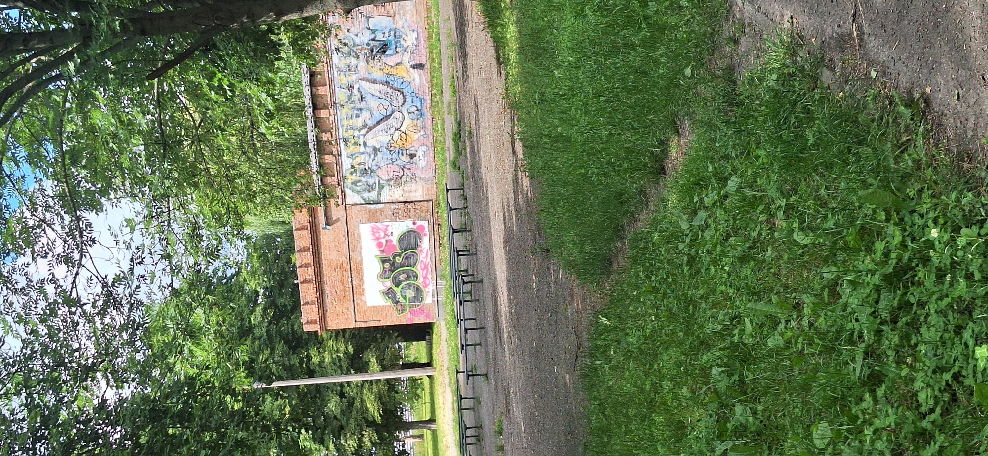 The image depicts an outdoor scene on a sunny day, likely in Bila Tserkva, Ukraine. In the foreground, a patch of lush green grass with some clover is visible, bordering a dirt path. Behind the grass, a row of dark, metal benches are arranged on a gravel surface. Further back, a brick wall with decorative battlements runs horizontally across the frame. The wall is adorned with two distinct graffiti pieces. The left graffiti is on a white rectangular canvas and features stylized lettering in pink and green. The right graffiti is larger, covering a significant portion of the wall, and displays a colorful, abstract mural with elements resembling wings and figures. Behind the wall, tall green trees with dense foliage create a natural backdrop, with the blue sky and scattered clouds visible through the leaves. A thin, vertical pole, possibly a light post or utility pole, stands to the left of the wall. The overall impression is of a park or recreational area.