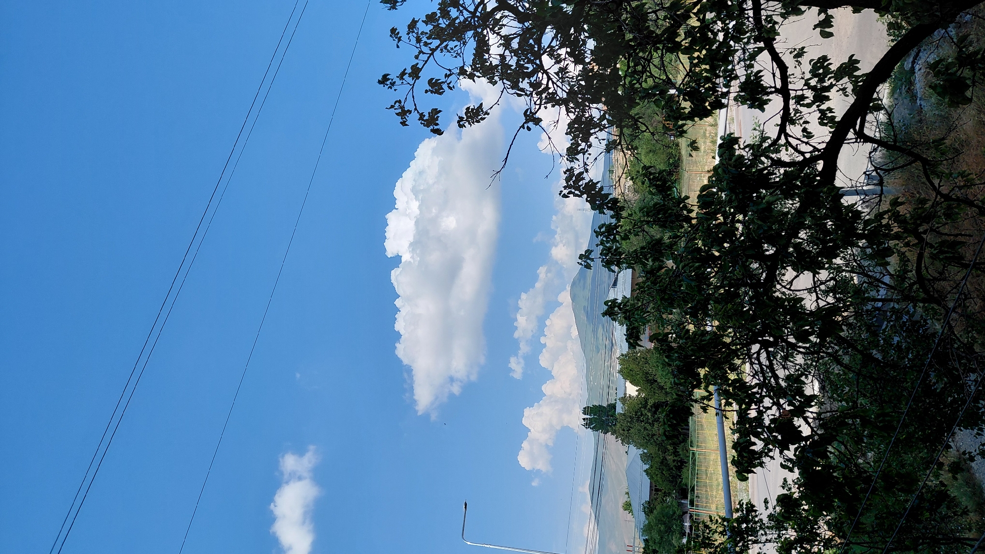 This is a vertical, medium-range, outdoor photograph taken on a sunny day in Abovyan, Armenia. The sky is a vibrant blue with scattered white clouds. In the foreground, dark green foliage from trees obscures much of the lower part of the image. Through the leaves, a street is visible, with a light pole on the left side. In the middle ground, there are buildings with grey roofs and lush green trees. Beyond the buildings, rolling hills and mountains rise in the distance, with a prominent peak covered in greenery. The scene is composed of natural elements and urban infrastructure.