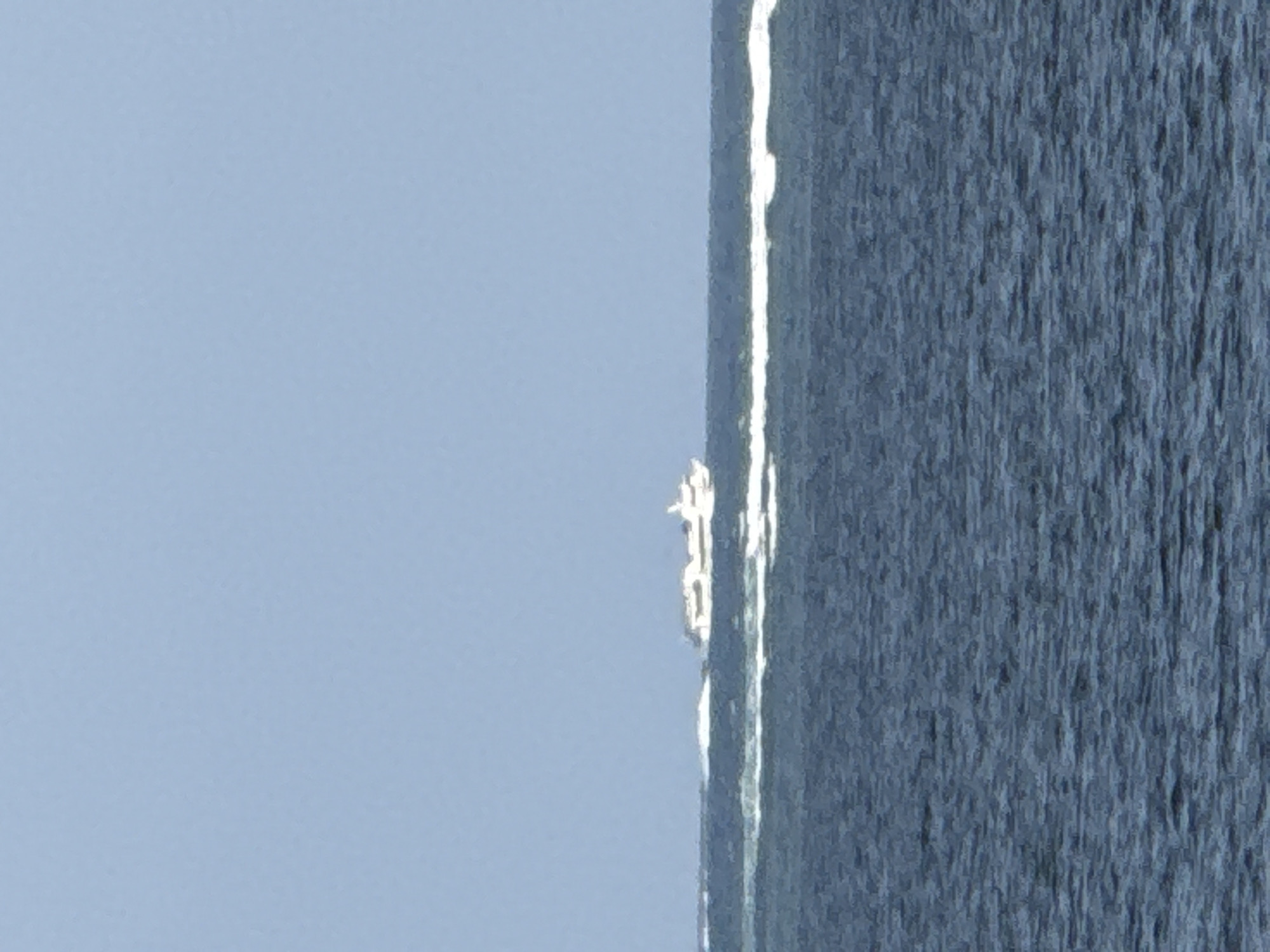 A wide shot captures a long, white, multi-decked boat with a flat hull, appearing to be a ferry or a catamaran, sailing horizontally across the frame from left to right. The boat is centered on the horizon line, which divides the deep blue ocean in the foreground from a pale blue, cloudless sky. White wakes trail behind the boat on both sides, indicating its movement through the water. The water itself is a dark, mottled blue, with small waves creating a textured surface. The overall scene is serene, with no other vessels or landmasses visible. The image appears to have been taken from a distance, possibly from a shore or another boat.