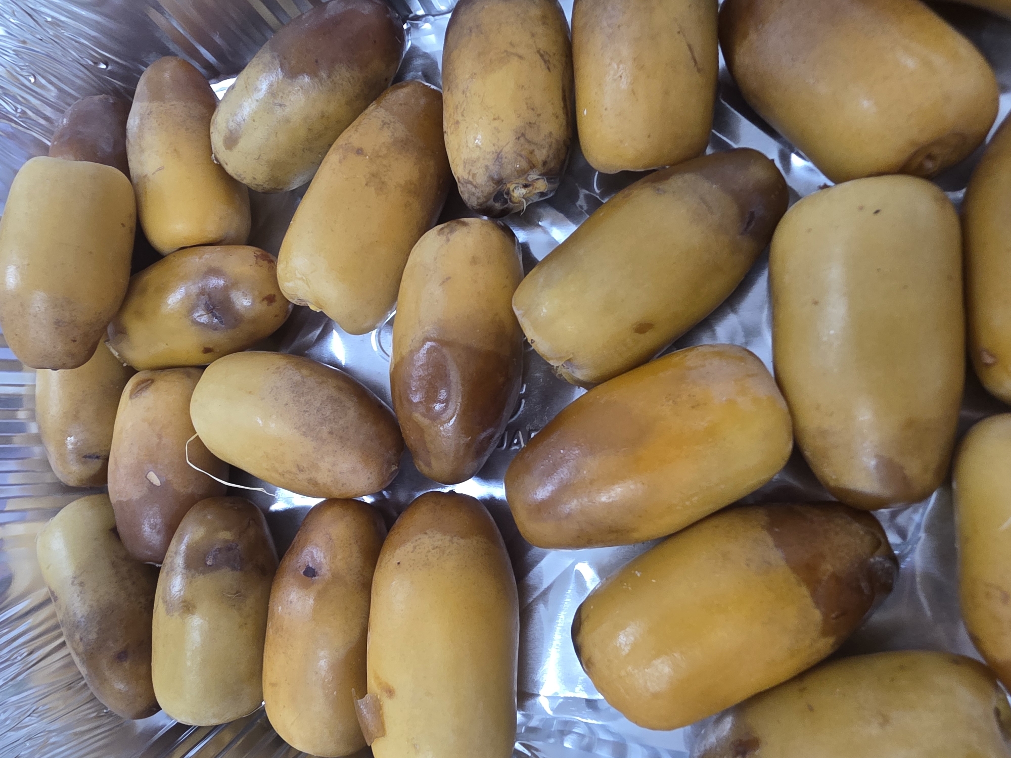 A close-up, overhead shot displays a foil tray filled with ripe dates. The dates are a golden-yellow to light brown color, with some showing darker brown spots. They are oval-shaped and clustered together, some overlapping. The foil tray appears to be corrugated. The lighting is bright, casting subtle reflections on the dates and tray. The image is taken in the city of Dibba Province, Oman.