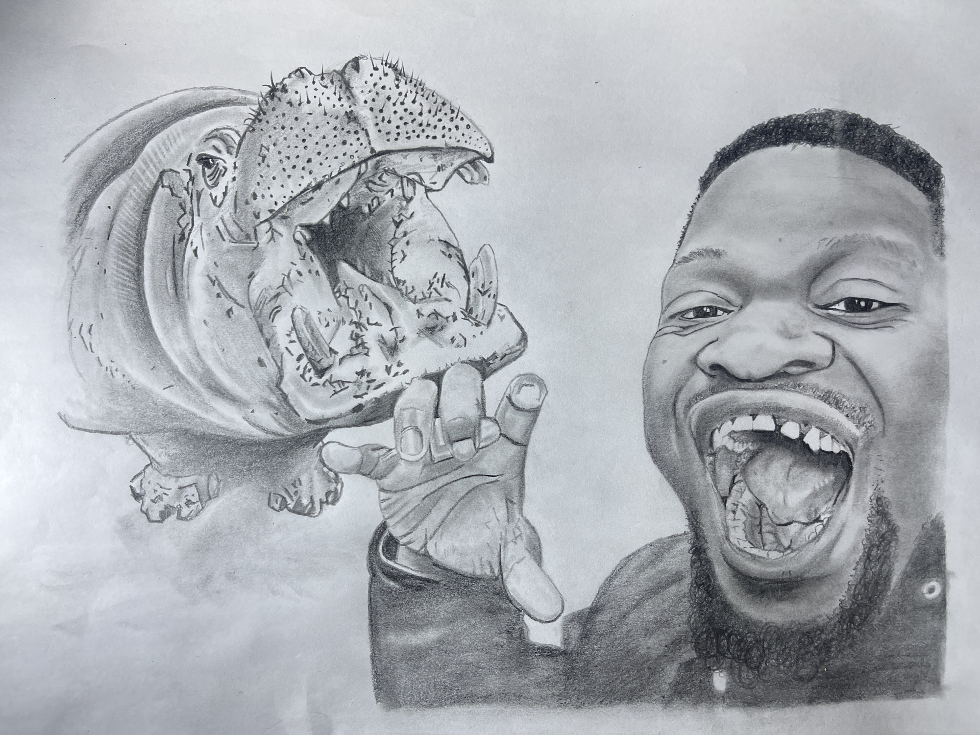 This monochrome pencil drawing, depicting a scene within the city of Jos, Nigeria, features two primary subjects against a plain white background. The image is oriented vertically.
In the lower half, a human male is shown from the shoulders up. He has short, dark hair and a beard. His mouth is wide open, exposing numerous teeth and his tongue, while his eyes are directed upwards, conveying an expression of intense alarm or distress.
In the upper half, a grotesque creature-like entity, primarily consisting of its head and upper body, is depicted. Its morphology suggests insectoid or reptilian characteristics, featuring textured skin or an exoskeleton, a prominent dark eye visible on its left side, and a wide, gaping mouth revealing irregular internal structures. Multiple horn-like or antenna-like protrusions extend from its head.
A human hand, originating from the lower left portion of the image, extends upwards towards the creature's open mouth, positioned as if attempting to push away or resist the entity. The interaction between the two subjects suggests a confrontation or struggle.