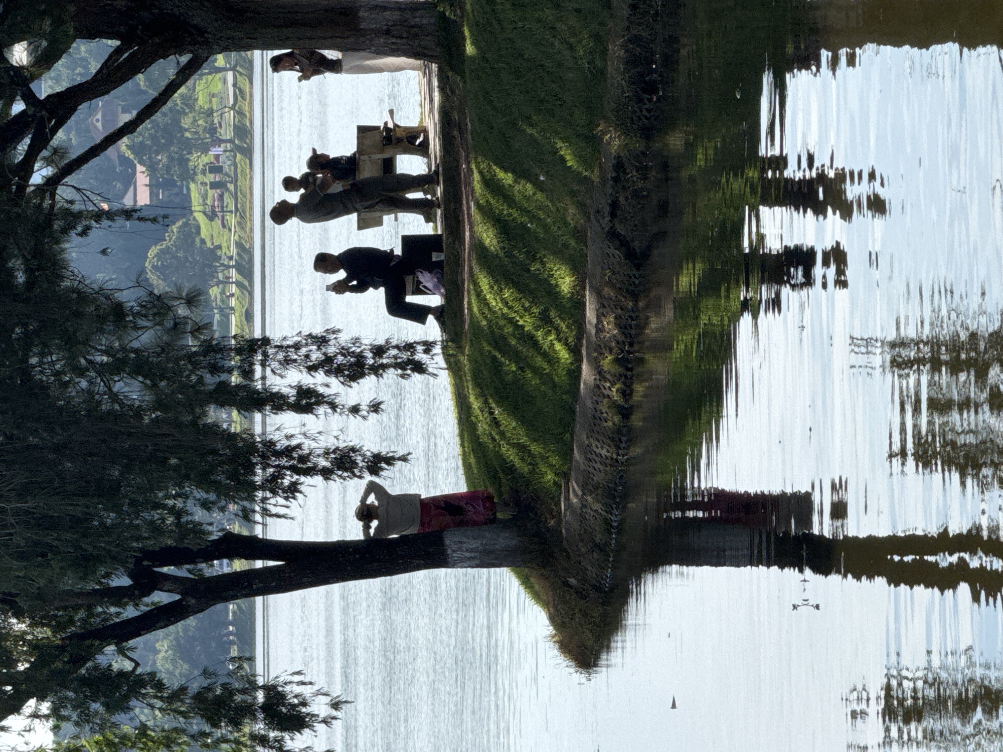 A sunny day is depicted at Xuan Huong Lake in Da Lat, Vietnam, where several individuals are gathered near the water's edge. A woman in a long skirt stands by a tree, facing the lake and holding her hands up to her head. Across from her, a man sits on a dark object, possibly a small table, holding a mobile phone. Beside him, another man stands holding a small child. To the right, a woman stands holding a mobile phone. In the background, a park with grassy areas and trees can be seen, along with buildings situated on a hillside. The lake's surface reflects the trees and figures, creating a serene atmosphere.