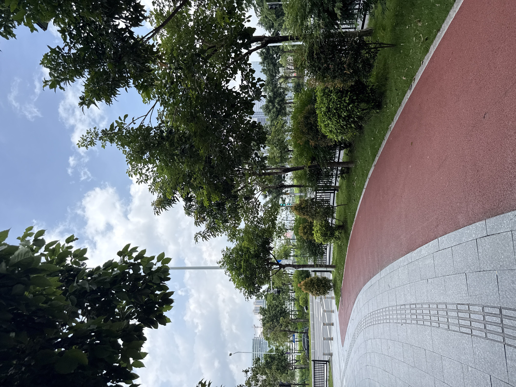The image depicts an outdoor scene in Haizhu District, China, featuring a paved walkway with tactile paving, a red running or cycling path, and lush green vegetation. In the background, a street with vehicles, traffic signals, and modern buildings can be seen. The sky is partially cloudy, with a mix of blue sky and white clouds. The foreground is dominated by the textured grey paving stones and the smooth red path, separated by a strip of grass and ornamental bushes. Several trees, varying in size and density of foliage, are strategically placed throughout the scene. The overall impression is one of an urban park or a well-maintained public space designed for recreation and pedestrian access.