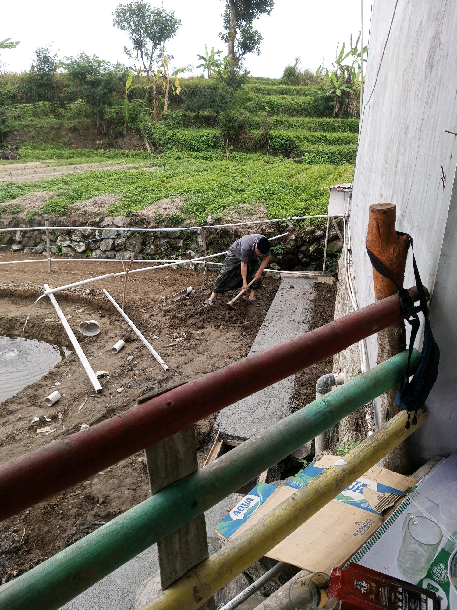 A man wearing a gray t-shirt, dark patterned sarong, and a black cap is digging in the dirt with a hoe. He is in an outdoor area with a pond on his left, surrounded by muddy ground and some white PVC pipes. In the background, there are terraced green hills with trees. To the right, a white building wall is visible, with a wooden post and a black bag hanging from it. Colorful railings made of red, green, and yellow pipes are in the foreground. This scene is consistent with an agricultural or construction area in Kalibeber, Indonesia.