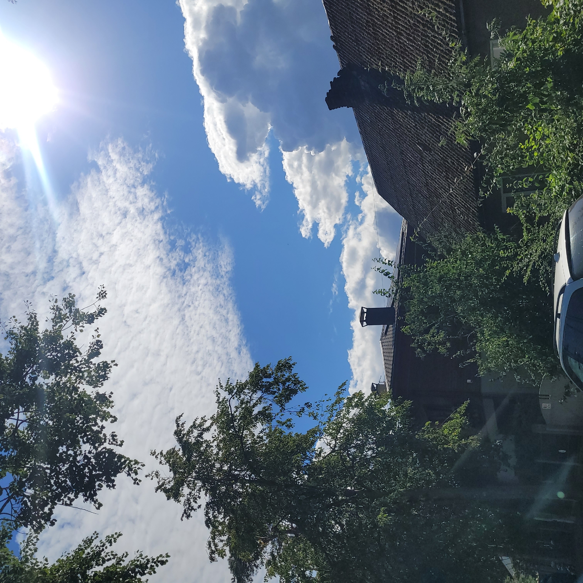 The image captures a view of rooftops and trees under a bright blue sky with scattered white clouds. The sun is high in the sky, casting a lens flare in the upper right quadrant. Two houses with dark, textured roofs are visible, one with a black chimney. Dense green foliage, likely from trees and bushes, partially obscures the lower portion of the houses and the foreground. A portion of a white vehicle is visible at the very bottom of the frame. The scene appears to be residential.