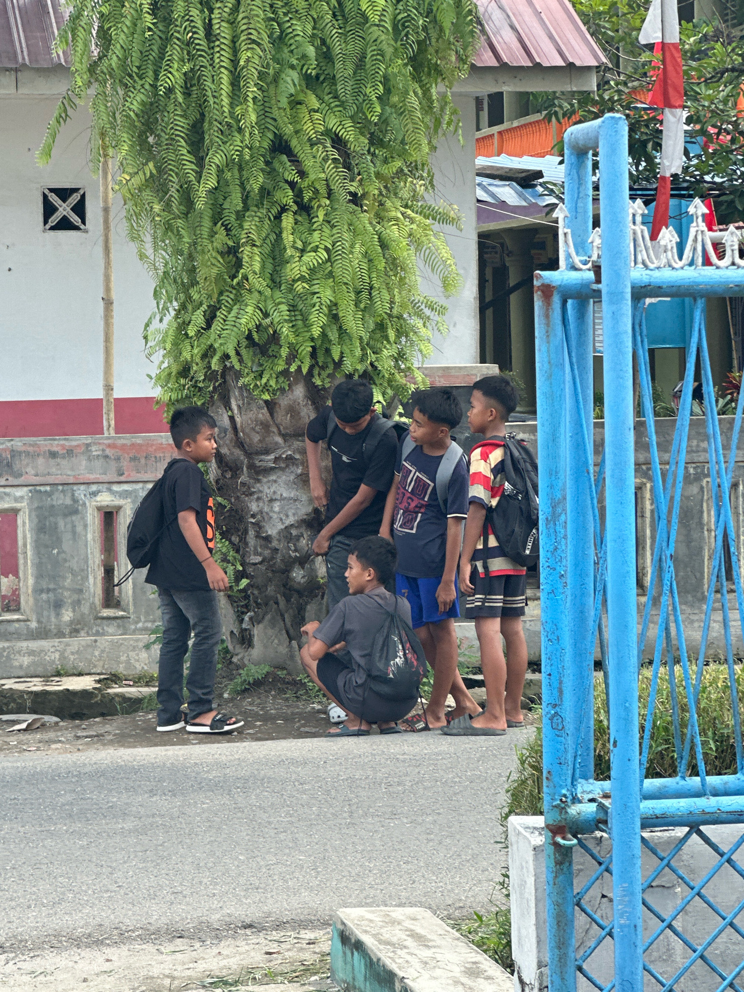 The image depicts a group of five young males standing and crouching on a paved street, adjacent to a concrete wall and a large fern plant. A blue metal fence is visible on the right side of the frame, with what appears to be a building and a red and white flag in the background, suggesting a location in Indonesia. The young males are dressed in casual attire. One individual in the foreground, wearing a black t-shirt and dark pants, stands looking to the left. Another, also in a black t-shirt, is crouched down near the fern. To the right, three other males are grouped together; one in a blue and red striped shirt and dark shorts, another in a dark t-shirt with a blue t-shirt underneath and blue shorts, and a third in a dark t-shirt and dark shorts. All of them appear to be engaged in conversation or observing something together. The environment suggests an outdoor, possibly urban or suburban setting. The presence of the Indonesian flag indicates the city of Binjai, Indonesia, as the likely location.