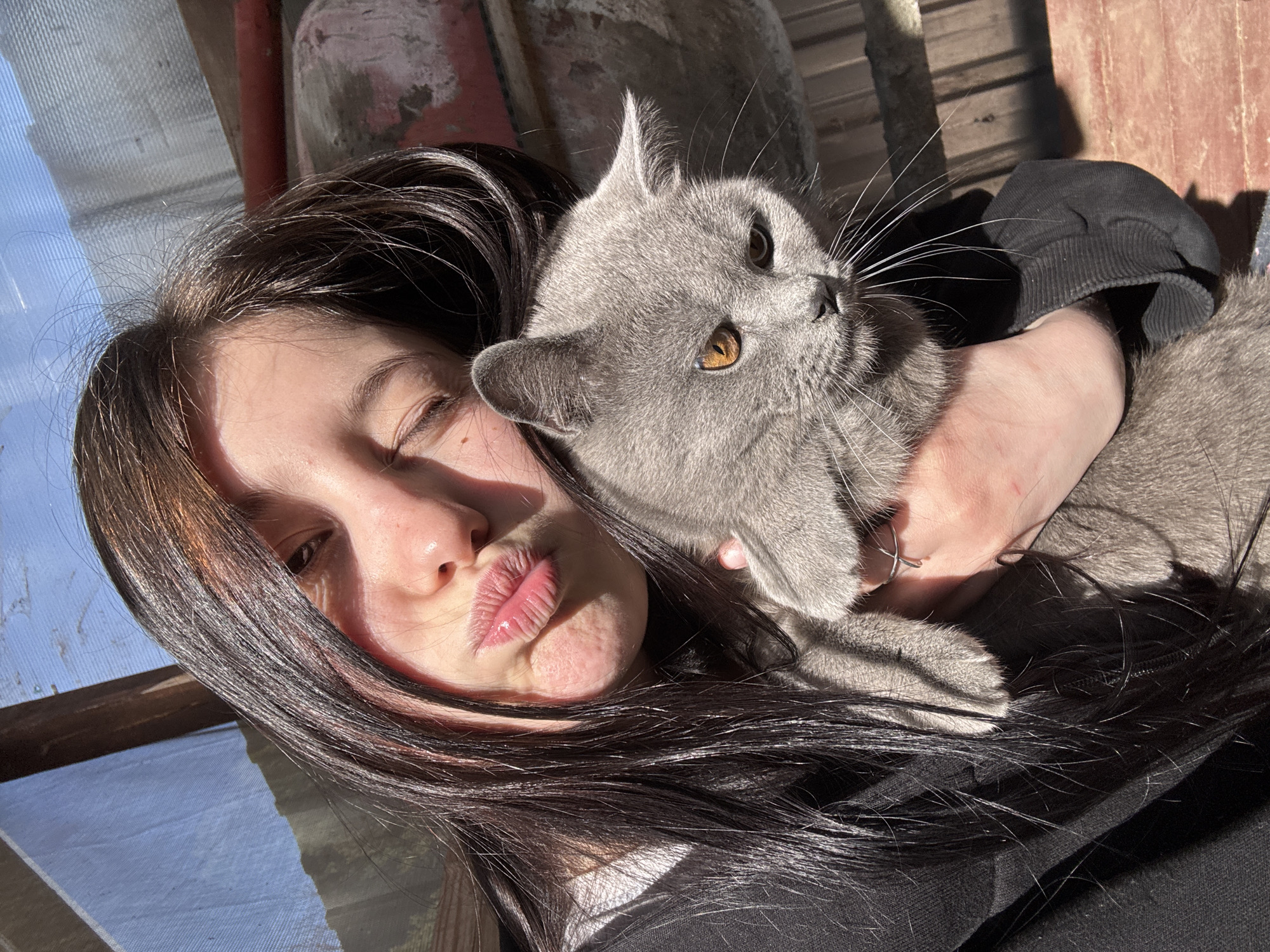A young woman with dark hair and a grey cat are in a sunlit setting. The woman is pouting and winking towards the camera. She is wearing a dark sweatshirt and holding the grey cat close to her. The cat has amber eyes and a curious expression, looking off to the side. The background appears to be a porch or outdoor space, possibly in Фоки, Russia, given the city information. Light is coming from the left, casting shadows on the faces of the woman and cat.