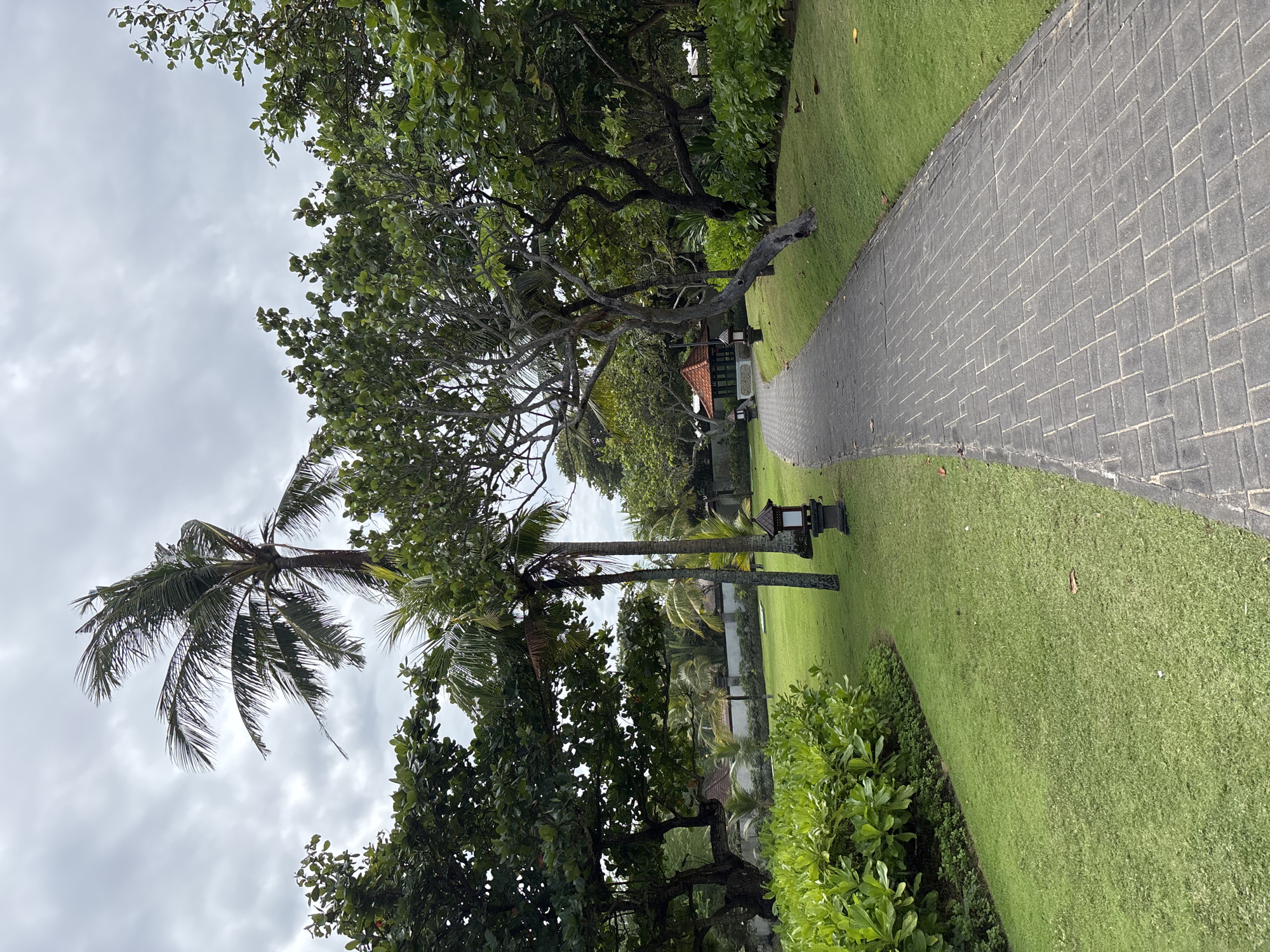 The image depicts a paved walkway in Kuta Selatan, Indonesia, winding through a lush green landscape. Tall palm trees, with their fronds rustling in the wind under a cloudy sky, frame the scene. Dense, verdant foliage lines the left side of the walkway, contrasting with the neatly manicured grass that slopes gently upwards on the right. In the distance, a small, red-roofed building with intricate architectural details is visible. Traditional-style lanterns are placed along the path, adding a decorative element. The overall atmosphere suggests a serene and well-maintained outdoor area, likely within a resort or park.