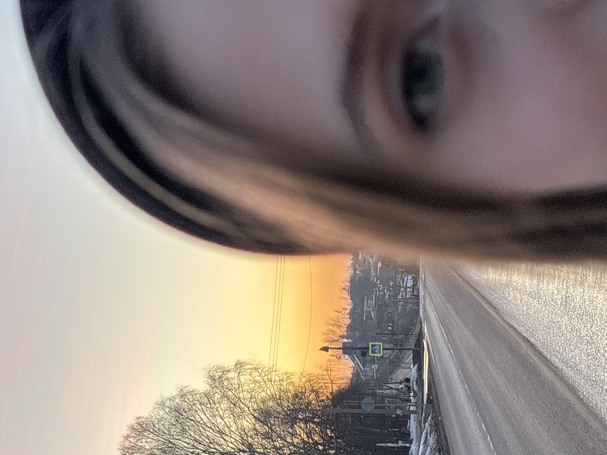 The image shows a partial view of a person's face (eye, eyebrow, and part of hair) in the upper part of the frame. Below the face is a landscape shot featuring a road, trees, and buildings in the background. The sky is a pale yellow, suggesting sunrise or sunset. There's a pedestrian crossing sign visible next to the road.
Based on the location information (Фоки, Russia), the scene appears to be a roadside view within the city. The road seems to be paved, and there are some signs of snow on the ground. The background reveals houses or buildings partially obscured by trees.