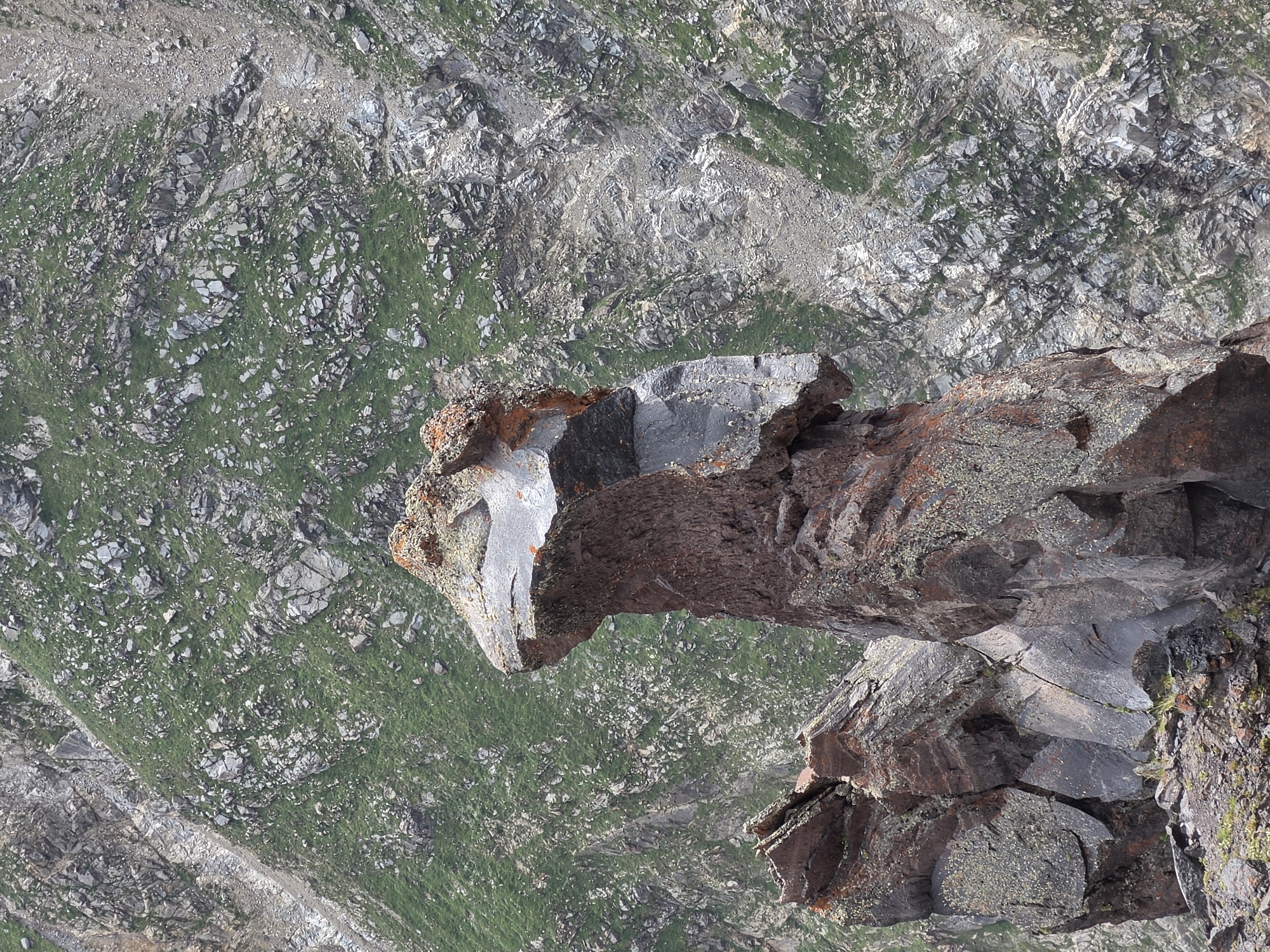 This is a close-up, eye-level, outdoor shot of unusual rock formations in a mountainous environment, likely near Terskol, Russia. The foreground is dominated by these weathered, rust-colored and gray rock pillars, some of which are covered in lichen. One prominent formation in the center appears to resemble a bird's head with a beak, perched on a thick, rough-textured column. To the left, a cluster of jagged rocks forms a base for the central formation. In the background, a steep, rocky mountainside is visible, sparsely covered with patches of green vegetation. The lighting is bright, suggesting daylight, and there are no people or animals present in the frame.