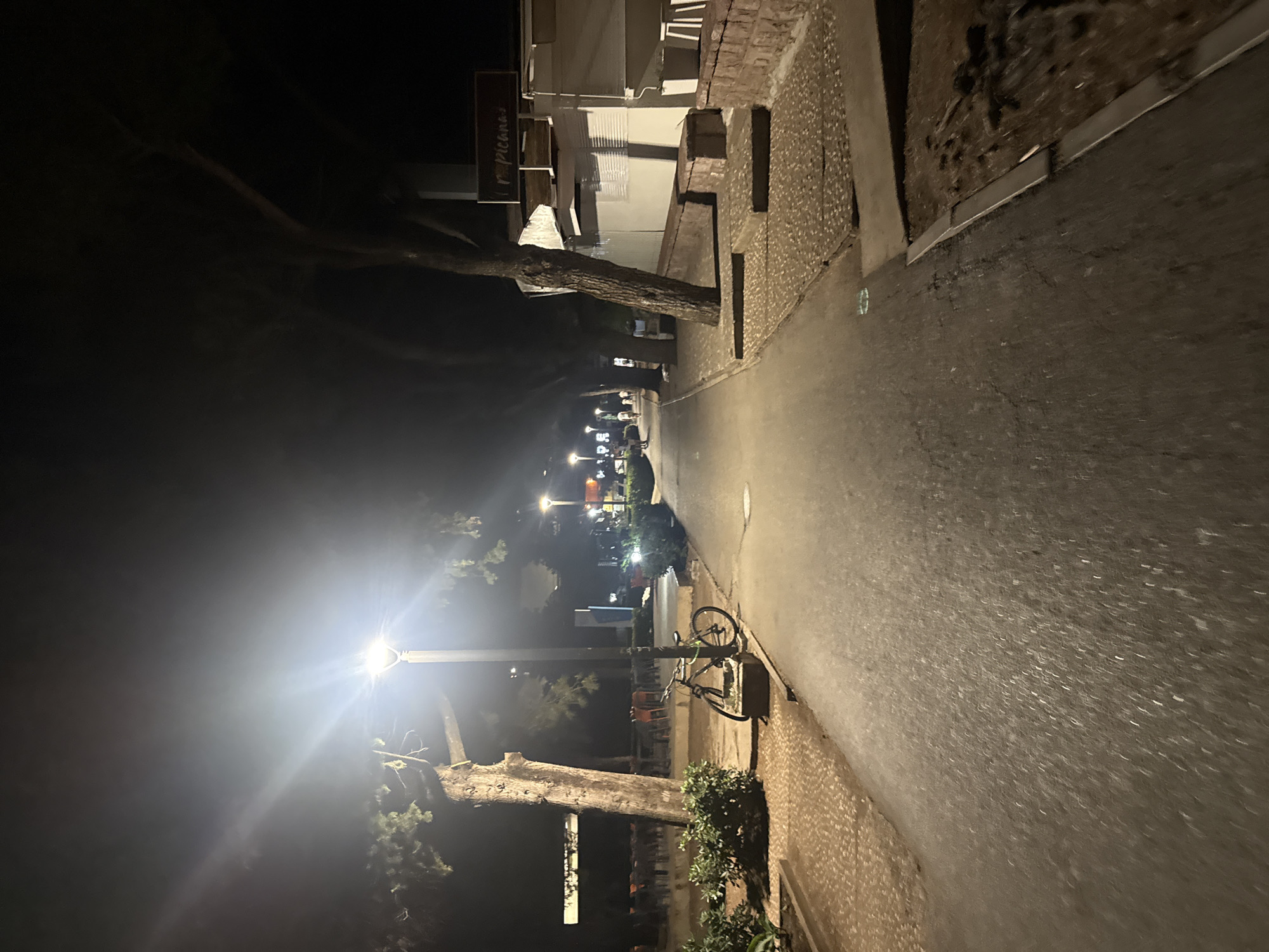 The image depicts a nighttime scene on a paved walkway next to a road, bordered by trees and a building with signage that reads "m picanas". Several lampposts illuminate the pathway. A bicycle is parked near a tree. In the background, a building with tables and chairs suggests a restaurant or cafe setting. Further down the walkway, there are a few individuals walking. The environment appears to be a public area, possibly a promenade or street in Budva, Montenegro.