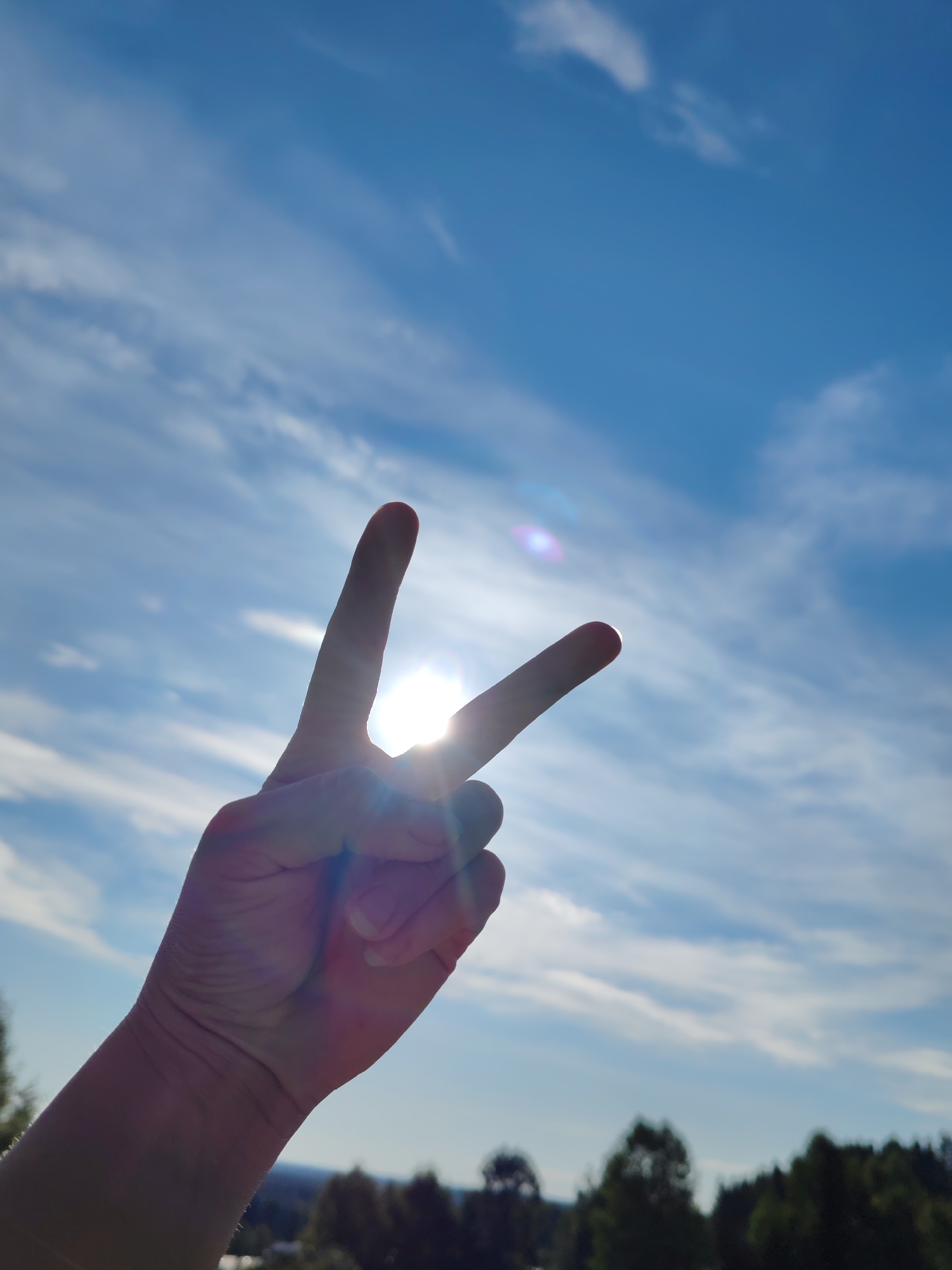 A hand is held up against a bright blue sky with wispy clouds. The sun is shining directly behind the hand, creating a lens flare and silhouetting the fingers. The fingers are held in a V-shape, symbolizing peace or victory. In the background, out of focus, are dark green trees and a hint of a landscape, possibly on the outskirts of a town. The image is taken from a low angle, looking up at the hand and sky. The location in the city of Чухлэм, Russia is not discernible from the visual information provided in the image.