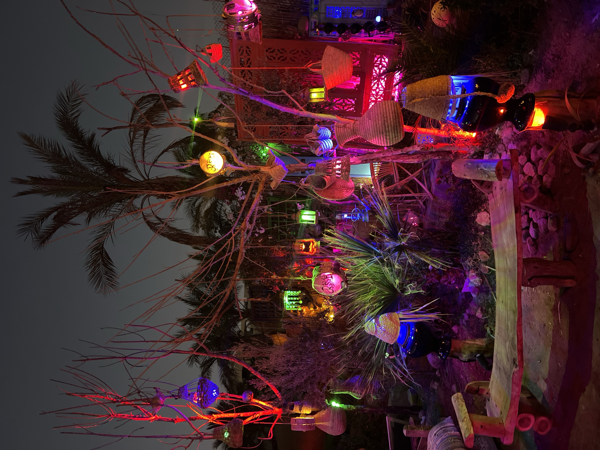 The image depicts a vibrantly lit outdoor garden area, likely a seating or dining space, at dusk or night. The scene is heavily decorated with colorful lights, primarily in shades of red, purple, blue, and green, illuminating various objects.
Dominating the composition is a bare-branched tree adorned with numerous hanging items. These include woven baskets of various sizes, lanterns, and decorative orbs. Some of the lanterns appear to be functioning lights, emitting their own colors. Red and pink hues are particularly prominent, cast from lighting fixtures positioned around the garden.
Among the hanging elements, a circular, globe-like light with Arabic script is visible, as are several red lanterns shaped like upside-down baskets. Woven baskets of different shapes and sizes are also suspended from the branches, some appearing to hold smaller objects or lights.
In the foreground, a rustic wooden bench with a rough-hewn texture is positioned on a rocky ground. The bench is illuminated by the colored lights, casting colorful shadows. To the right of the bench, a tall, dark, vase-like object is topped with a woven hat and has a light emitting from its base.
The background features lush green foliage, including palm trees, suggesting a warm climate. Behind the tree, a decorative red screen with intricate cutouts is visible, also lit by the colorful lights, creating a warm and inviting ambiance. The overall impression is one of a festive, atmospheric, and perhaps exotic outdoor setting.
Given the mention of Sharm El Sheikh, Egypt, this scene likely represents a garden area within a resort, hotel, restaurant, or a private residence in this popular tourist destination known for its vibrant nightlife and decorative outdoor spaces.