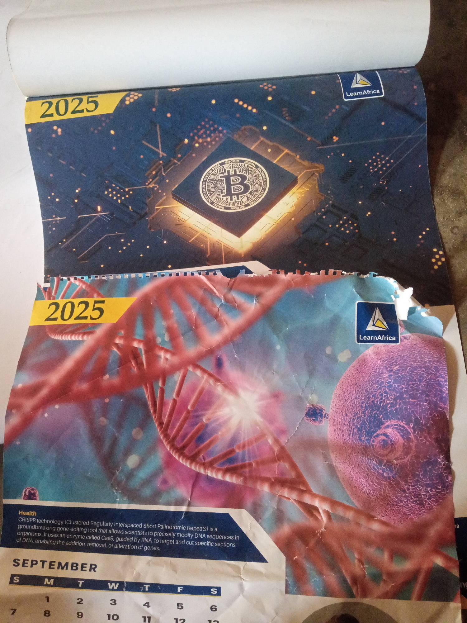 This media file appears to be a calendar page from 2025, featuring two distinct images. The top image is a dark, futuristic scene with digital elements, featuring a prominent Bitcoin logo at its center, suggesting a theme related to cryptocurrency or digital technology. The "LearnAfrica" logo is visible in the top right corner.
The bottom image depicts a science-themed illustration, showcasing a double helix DNA strand in the foreground against a backdrop of cells or microscopic organisms in shades of pink and blue. This image is overlaid with the year "2025" in yellow text on the left, and the "LearnAfrica" logo again in the bottom right. Below the illustration, there is a section of text related to "Health" and CRISPR technology, followed by a calendar grid for September. The calendar grid shows the days of the week and dates, with "S" for Sunday, "M" for Monday, "T" for Tuesday, "W" for Wednesday, "T" for Thursday, "F" for Friday, and "S" for Saturday.
The images are printed on what appears to be glossy paper, and the edges of the calendar page show signs of wear and tear, with some creasing and peeling. The overall presentation suggests a promotional calendar or a page from a larger calendar publication. The location context of Jalingo, Nigeria, is provided, but there are no direct visual cues within the images to confirm this specific location, other than the "LearnAfrica" branding which is an educational institution operating in Africa. The images themselves do not depict any people, weather conditions, or specific times of day. The activity taking place is purely illustrative, representing themes of technology and science.