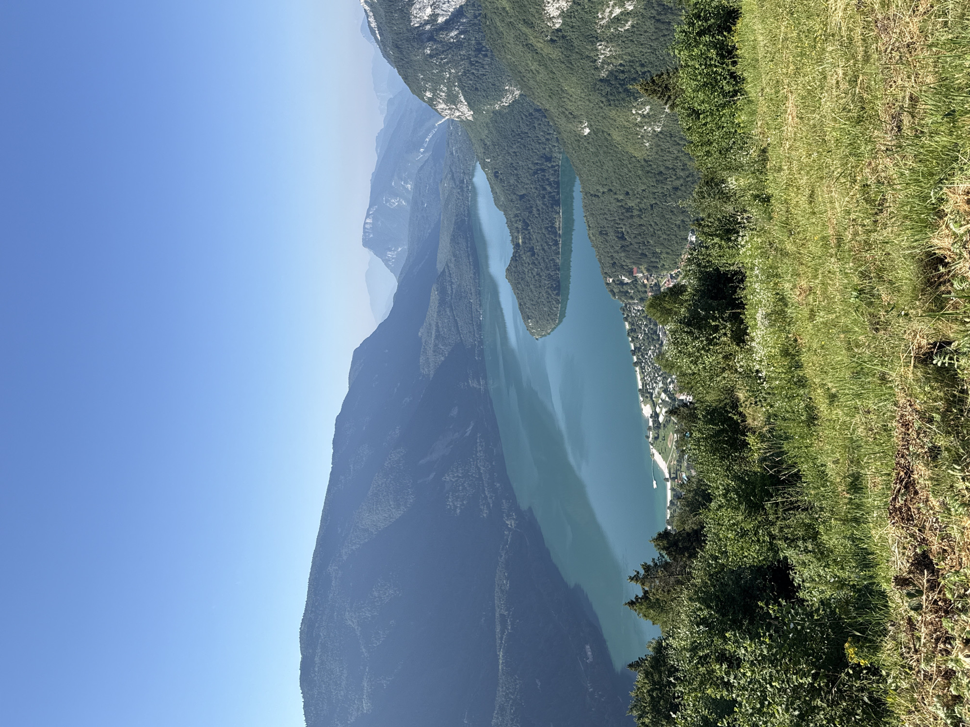 This is a high-angle, wide shot of a vibrant turquoise lake nestled within a valley of lush green mountains. The sky is a clear, bright blue with a slight haze in the distance. The lake, likely Lake Molveno, is a prominent feature, its calm surface reflecting the surrounding landscape. Along the shoreline of the lake, there appears to be a small town or village with buildings and a beach area, suggesting a populated settlement. The foreground of the image consists of a grassy slope dotted with small bushes and wildflowers, giving the impression of a natural viewpoint overlooking the scene. The overall atmosphere is serene and picturesque, showcasing the natural beauty of the alpine region.