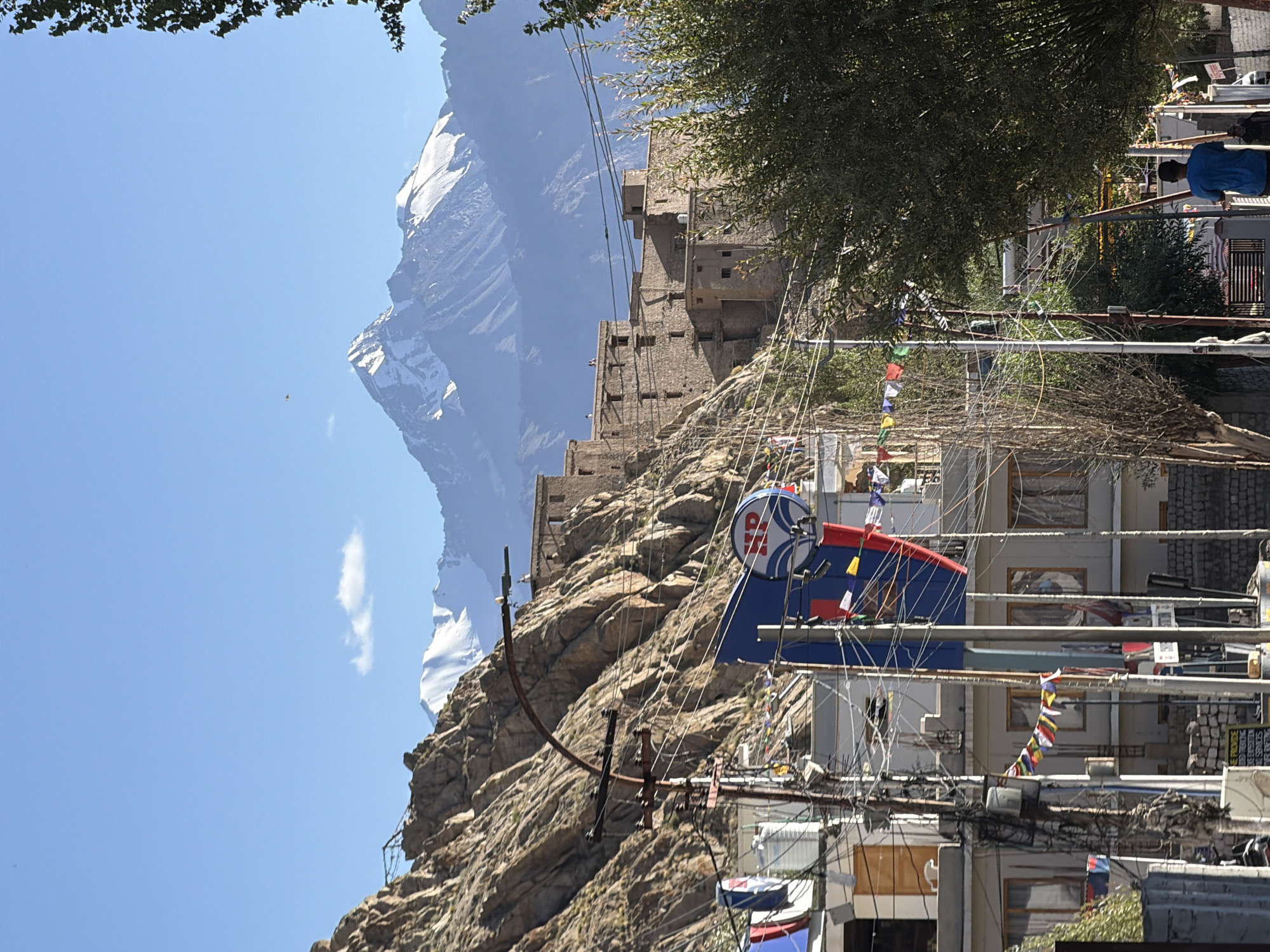 The image captures a street scene in Leh, India, with a backdrop of rugged mountains and traditional architecture. In the foreground, utility poles with a tangle of wires dominate the scene, interspersed with buildings adorned with prayer flags. A prominent blue and red sign with a circular HP logo is visible. Beyond the immediate street level, a multi-story stone building, likely an ancient monastery or fort, is built into the side of a rocky incline. In the distance, snow-capped Himalayan peaks pierce the clear blue sky, a testament to the region's high-altitude geography. The light suggests it is daytime, with the sun casting shadows and highlighting the textures of the stone and mountains. A person in a blue shirt is walking away from the camera on the right side of the street, and another person is partially visible in the background. The overall impression is one of a vibrant, high-altitude settlement nestled within a dramatic mountain landscape.