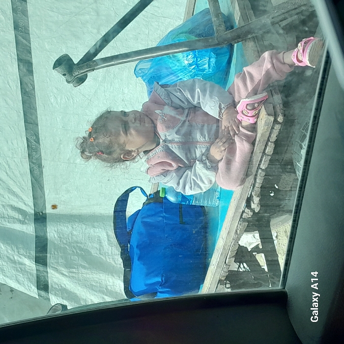 The image captures a close-up view of a young child, likely a girl, resting or sitting within what appears to be a temporary shelter. The perspective suggests the photo was taken through a translucent barrier or window, with a dark frame visible along the bottom edge.
The child, who appears to be a toddler or pre-schooler, has dark, curly hair styled with small orange hair ties. She is dressed in a light-colored (possibly white or light grey) jacket with pink accents over a pink top, pink trousers, and pink shoes featuring white soles and straps with buckles. Her hands are clasped together in front of her, and she is looking upwards and slightly to her left with a contemplative or somewhat somber expression.
She is positioned on a raised surface, which appears to be constructed from wooden planks. Behind and around her, the primary material of the shelter is a large, light-colored (white or very light blue) tarp or heavy-duty plastic sheeting, suggesting a tent or a makeshift dwelling. Dark metallic poles or parts of a structural frame are visible above and behind the child, reinforcing the impression of a temporary structure.
Several belongings are visible near the child. A bright blue plastic bag is behind her, and a large blue backpack is situated to her lower left (from the viewer's perspective). Next to the backpack, a clear plastic water bottle is present. The overall setting evokes conditions of displacement or living in a crisis zone. The lighting indicates it is daytime.
Text visible in the image includes "Galaxy A14" in the bottom right corner, identifying the device used for the photograph. Additionally, some faint text is visible on the white tarp: "Alhua 09/23" and "Ralex Leba 085".