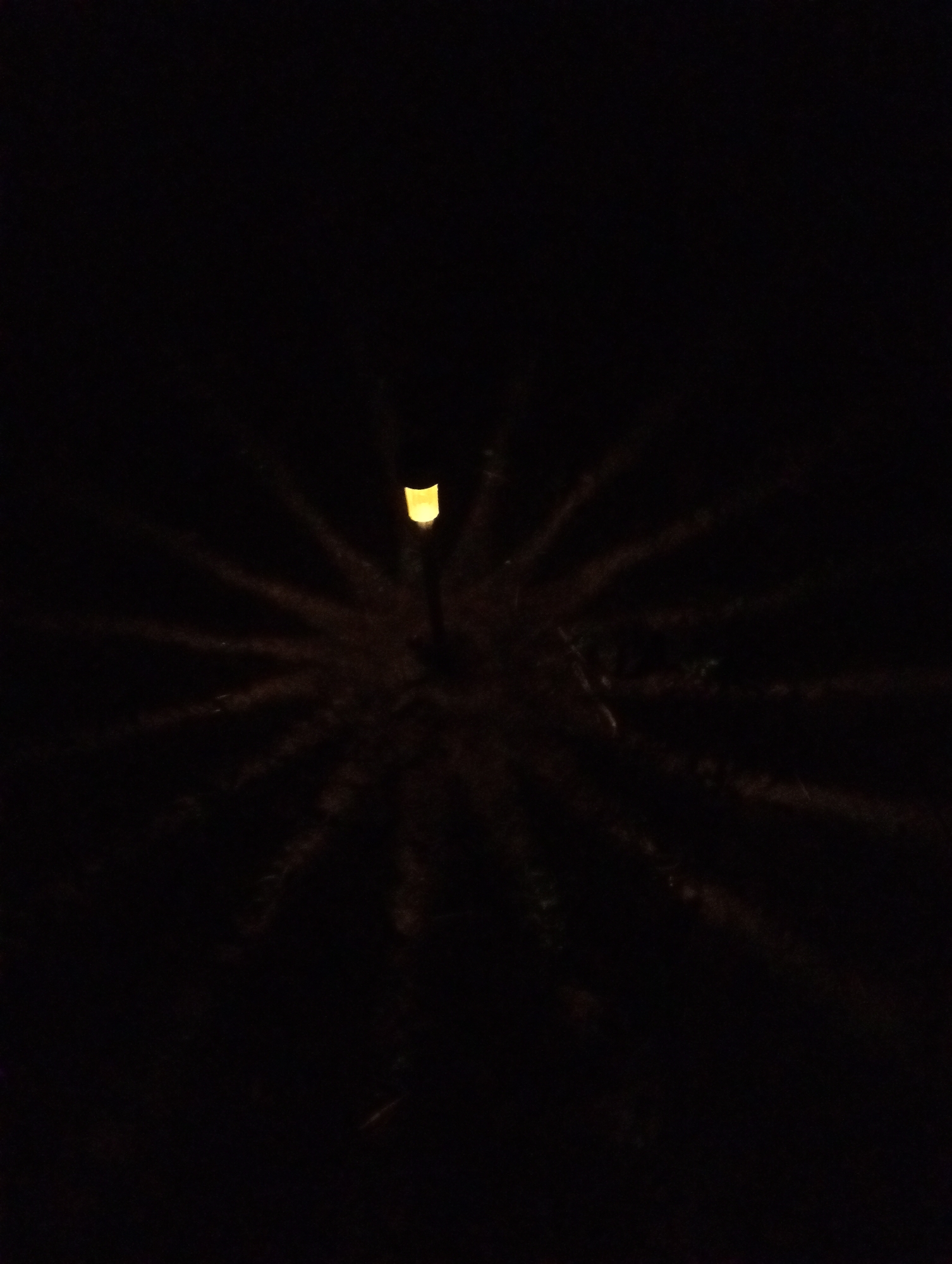 A single, lit garden light is positioned in what appears to be a yard or dark area. The light source creates radiating beams on the ground, suggesting either grass or some form of ground cover. The overall ambient light is minimal, indicating that it's nighttime. There is no discernible information indicating this image was taken in Babyn, Ukraine. The photo does not contain people, specific subjects other than the light, or observable actions or interactions.