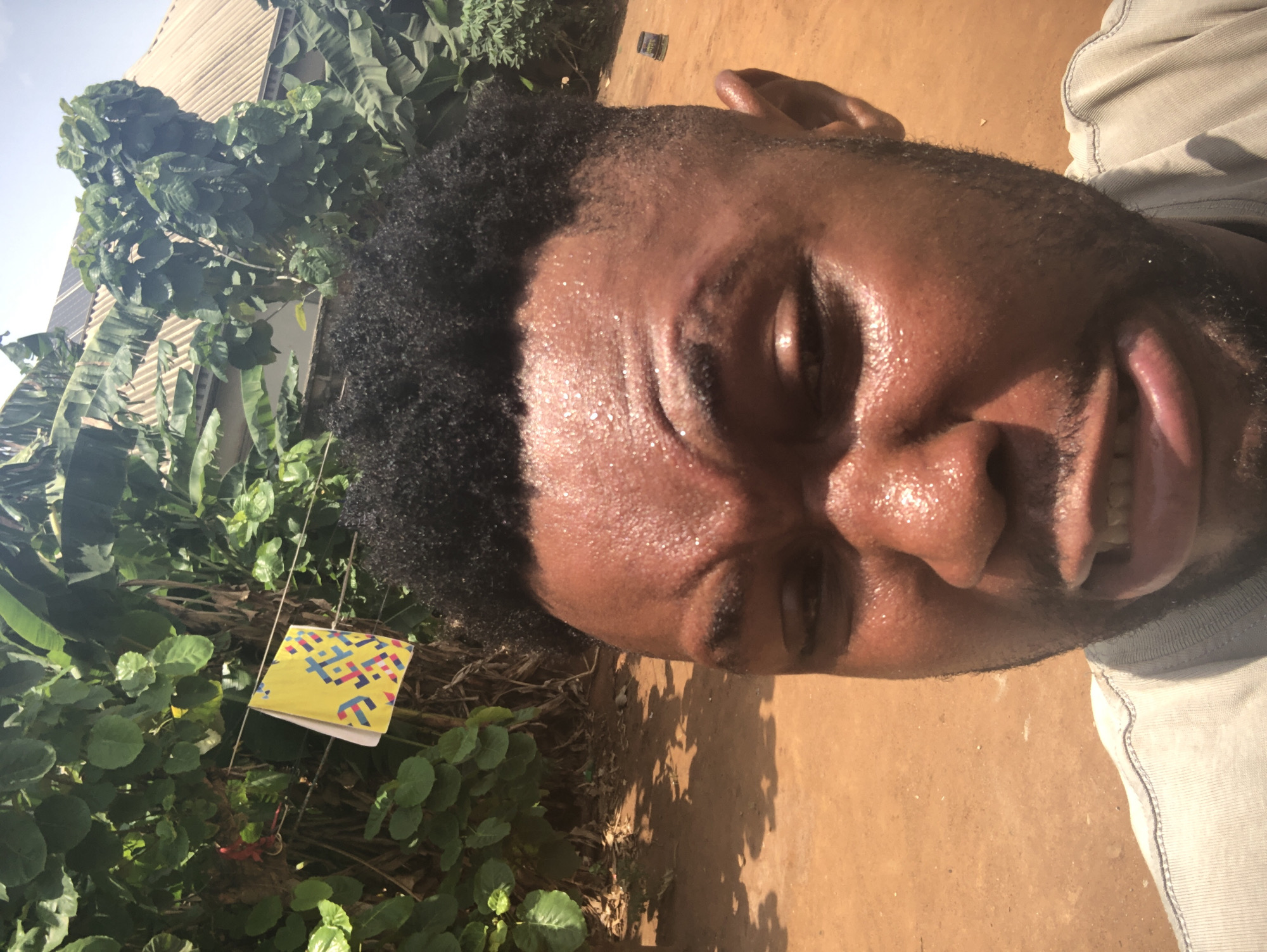 A close-up, slightly tilted, daytime shot shows a Black male face, covered in sweat. He is wearing a grey top. Behind him, there are leafy green plants and a yellow card with blue, red, and black geometric designs attached to a plant. The background also reveals a beige-colored surface. The city and specific location remain unknown.
