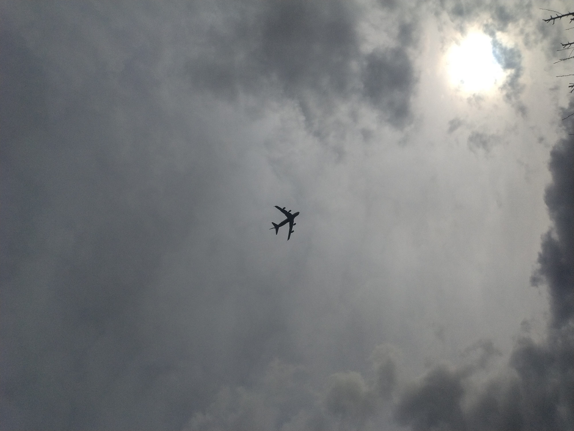 The image shows a silhouette of an airplane against a cloudy, overcast sky. The sun is attempting to shine through the clouds in the upper right corner. There are tree branches visible on the right edge. The location is undetermined, however, the prompt asks for the location to be Luxembourg, Luxembourg. The subject is an airplane in flight. There are no people visible in the scene.