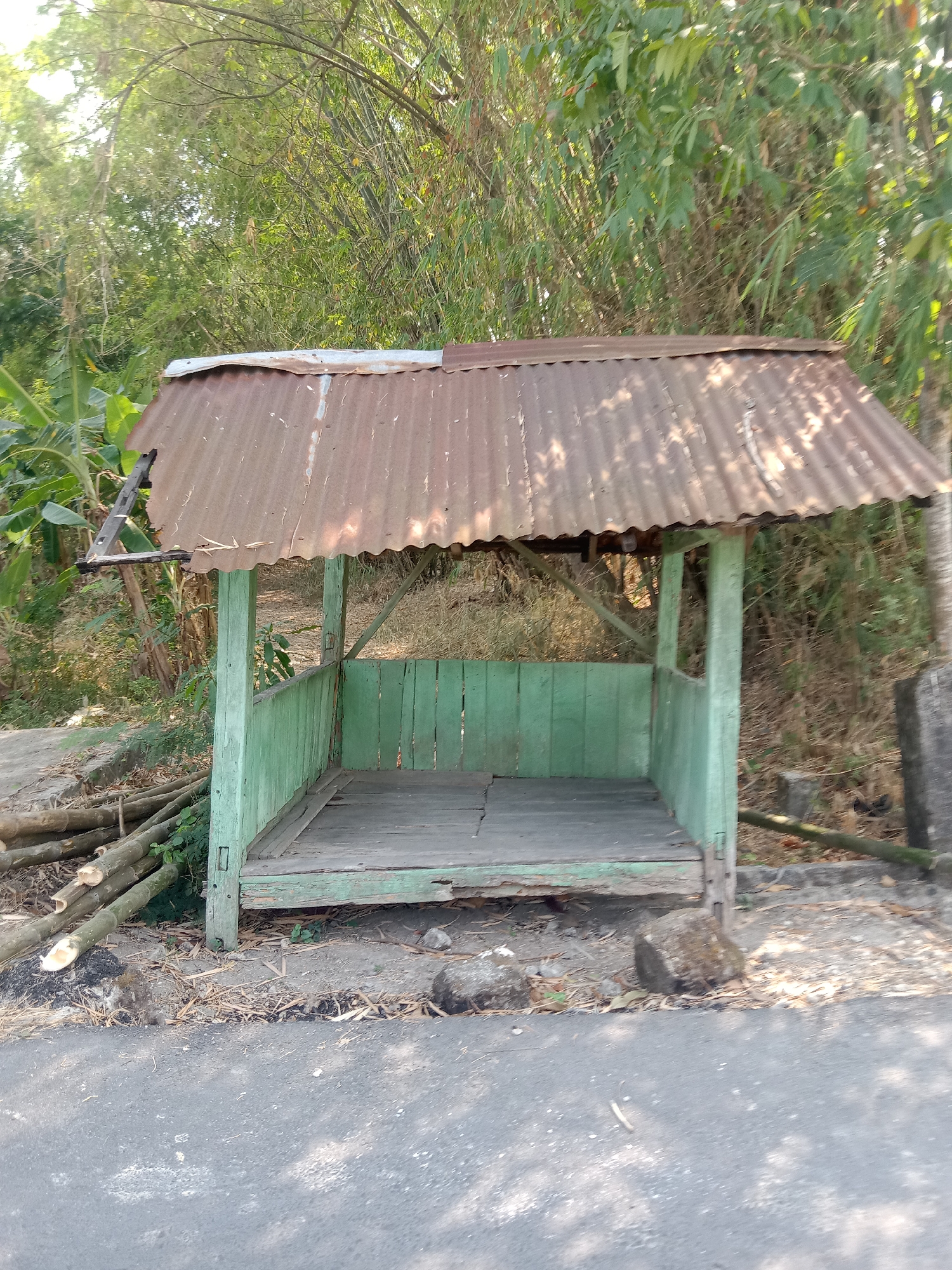 The image depicts a small, dilapidated outdoor shelter situated near a road. The shelter has a weathered, rusty corrugated metal roof supported by wooden posts. The walls are made of vertical wooden planks painted a faded green. The floor appears to be constructed of wooden planks as well. In front of the shelter, a pile of cut logs is visible. The ground around the shelter is covered with dirt, dried leaves, and small stones. The environment suggests a rural or semi-rural setting with lush green foliage, including bamboo and banana trees, in the background. The road in the foreground is asphalt and shows dappled sunlight. There are no people or animals visible in the image. The scene appears to be in the city of Tegalkodo, Indonesia, given the presence of tropical vegetation and the architectural style of the shelter.