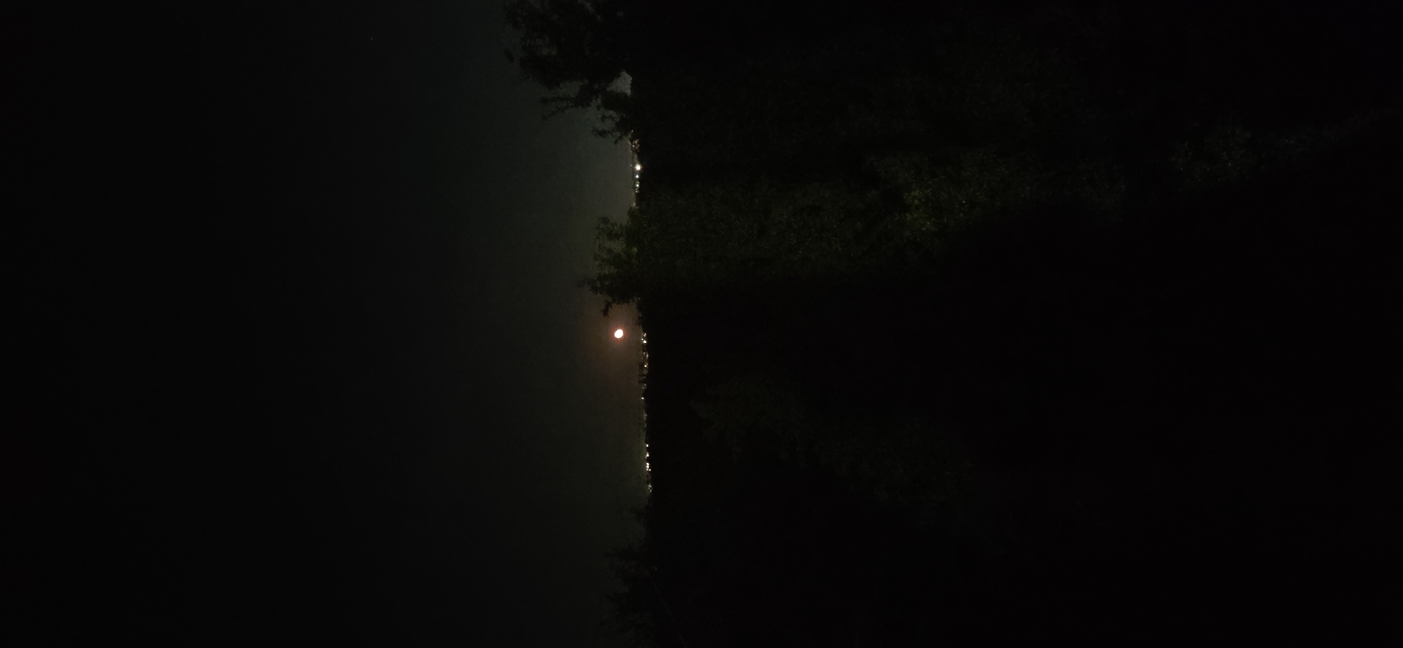 The image appears to be a nighttime shot of a body of water, possibly a lake or river, taken from what seems to be a shoreline or a wooded area. The left side of the frame is dominated by dark water, reflecting some light. Along the water's edge, there are scattered lights, suggesting a city or town across the water. A bright round object, likely the moon, is visible above the lights on the horizon. The right side of the image is dark, presumably due to trees or dense vegetation along the shore. The location appears to be the city of Unknown, Unknown.