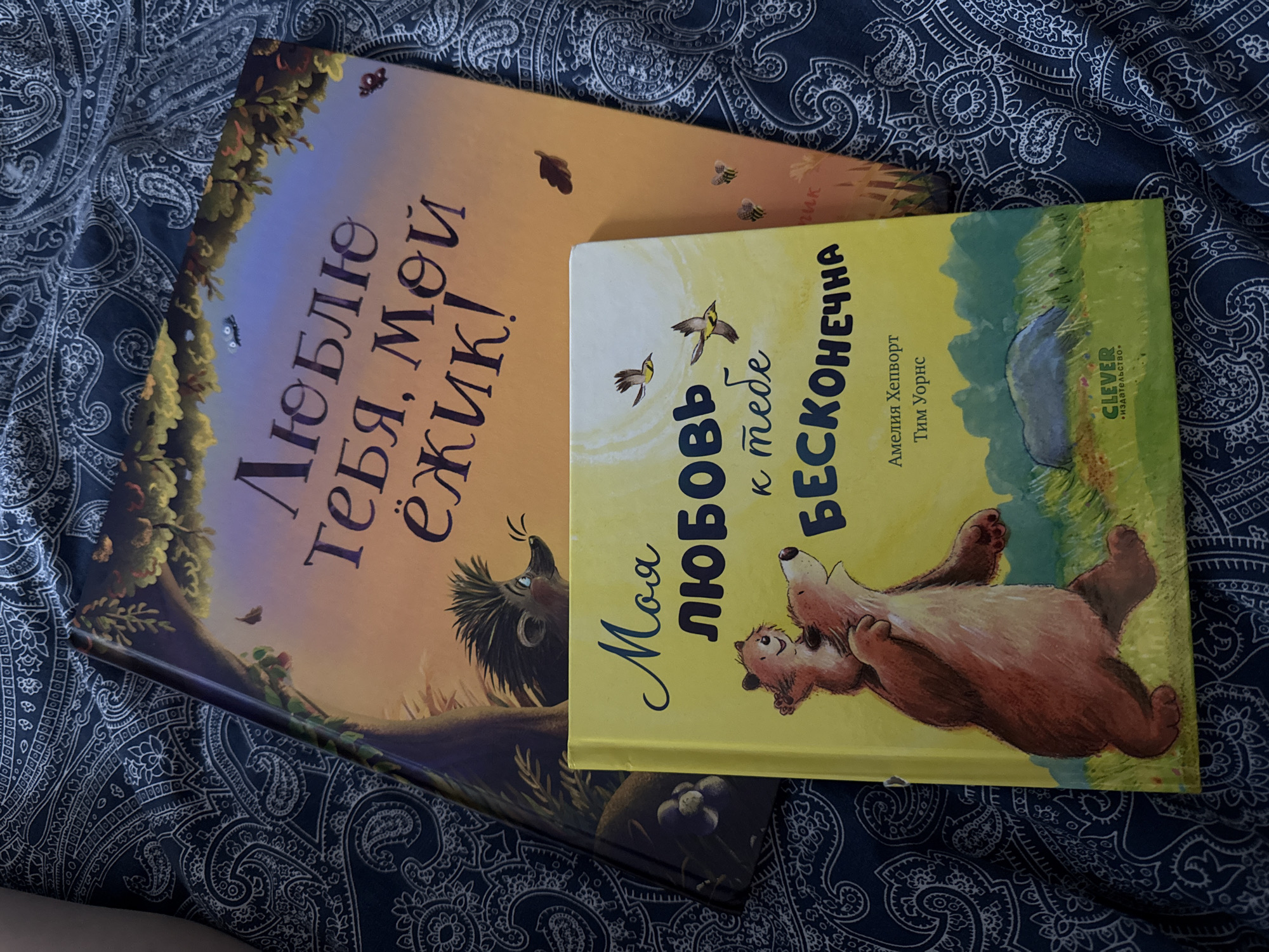 The image shows two children's books in Russian language placed on a dark blue textile surface with a paisley pattern. The book on the left has a warm orange and brown color scheme and features an illustration of a hedgehog with the title "ЛЮБЛЮ ТЕБЯ, МОЙ ёжик!". The book on the right has a yellow cover and depicts two bears lying on their backs with the title "Моя ЛЮБОВЬ к тебе БЕСКОНЕЧНА". The location is unspecified and there is no indication of the city of Moscow, Russia in the image.