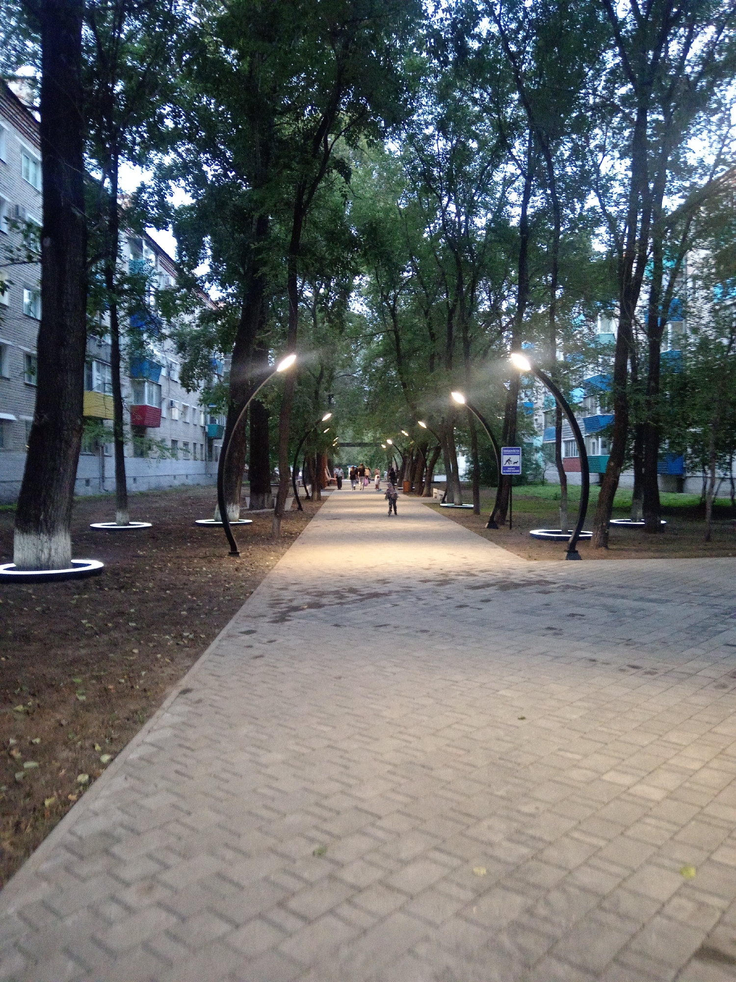 The image depicts a tree-lined pedestrian walkway in the city of Belogorsk, Russia. The walkway is paved with gray interlocking bricks and is illuminated by modern, curved lampposts. Several large trees with dark trunks stand on either side of the path, some with white painted bases. Circular, glowing white lights are installed around the bases of some of these trees. In the background, a multi-story apartment building with light-colored walls and colorful balconies is visible. A few individuals, including a child on a scooter and a group of adults, are walking along the path. The scene suggests an urban park or a well-maintained public space, likely during twilight or early evening due to the artificial lighting.