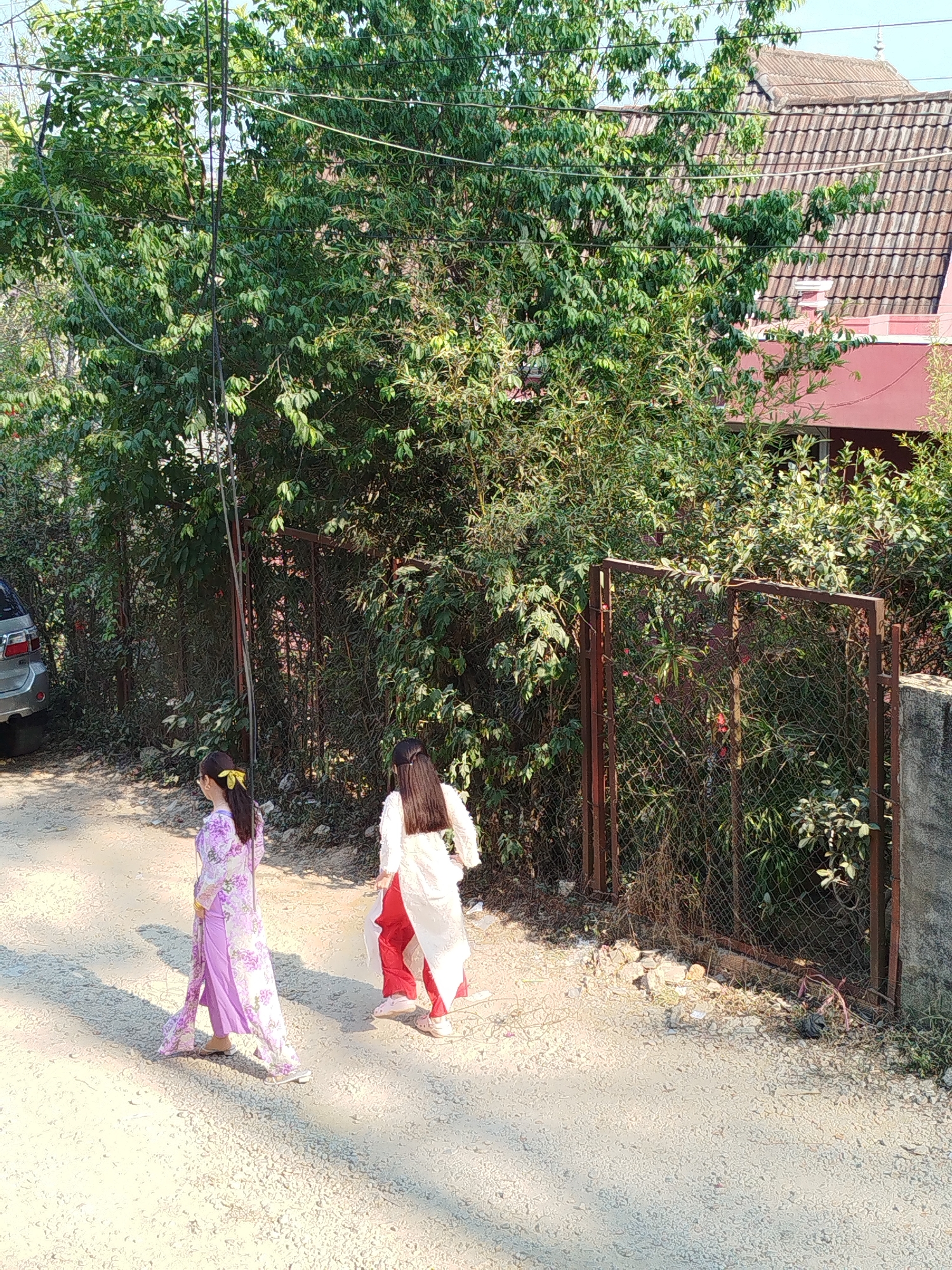 Two girls in traditional Vietnamese Ao Dai dresses are walking along a gravel road in a neighborhood, likely in Da Lat, Vietnam. The girl on the left wears a light purple floral Ao Dai with long flowing sleeves, while the girl on the right wears a white Ao Dai over red pants. They are walking away from the camera, and the girl on the left has a yellow ribbon in her hair. The road is lined with a chain-link fence, lush greenery, and trees, partially obscuring a building with a red roof. A car is parked on the left side of the road, adding to the impression of a residential area. The scene is bathed in sunlight, casting shadows on the ground.