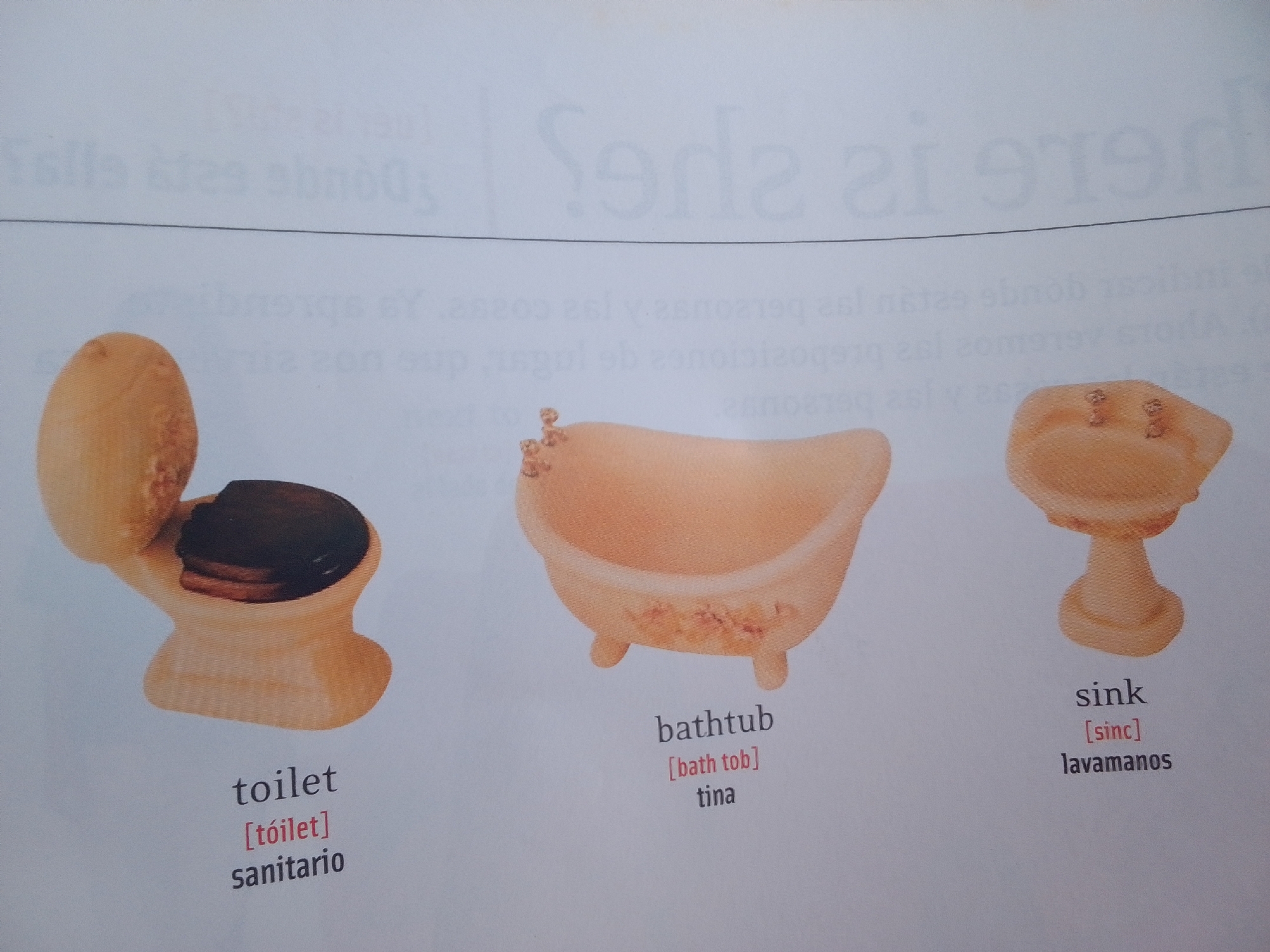 This image displays three bathroom fixtures: a toilet, a bathtub, and a sink, presented in a way that suggests an educational context, possibly for learning vocabulary. The objects are rendered as illustrations or small-scale models, each with its English and Spanish translations provided below. The "toilet" is shown in light brown with a dark brown seat. Next to it is a light brown "bathtub" decorated with subtle floral patterns. To the right is a "sink," also in light brown, with two faucets and a drain. The text clearly labels each item in English and provides a phonetic pronunciation guide in brackets, followed by its Spanish translation. The background is a plain white, with some faded text visible at the top of the image, making the objects and their labels stand out. There are no people, specific time of day, weather, or location cues beyond the general theme of bathroom items. The overall impression is that of a clean and organized presentation for language learning purposes. The provided location context, La Tagua, Venezuela, does not directly inform the visual content of the image itself but could be the source or intended audience for this material.