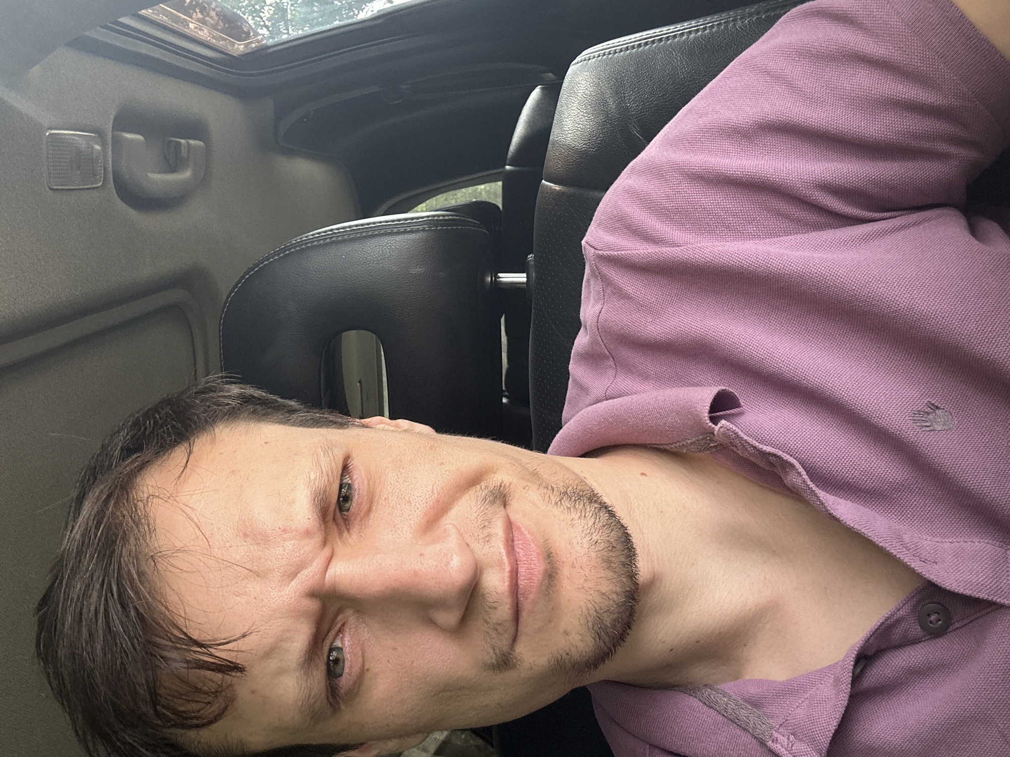 A man with brown hair and a light complexion is seated in a car, looking directly at the camera. He is wearing a short-sleeved, collared, purple polo shirt with a grey embroidered logo on the left side of the chest. He has a slight beard and mustache and appears to be frowning, with his eyebrows furrowed. The interior of the car is visible behind him, including the headrest of the driver's seat, a sunroof, and a handle on the ceiling. The lighting suggests it is daytime, possibly overcast, given the soft shadows and diffused light. The man's location is not ascertainable from the image.