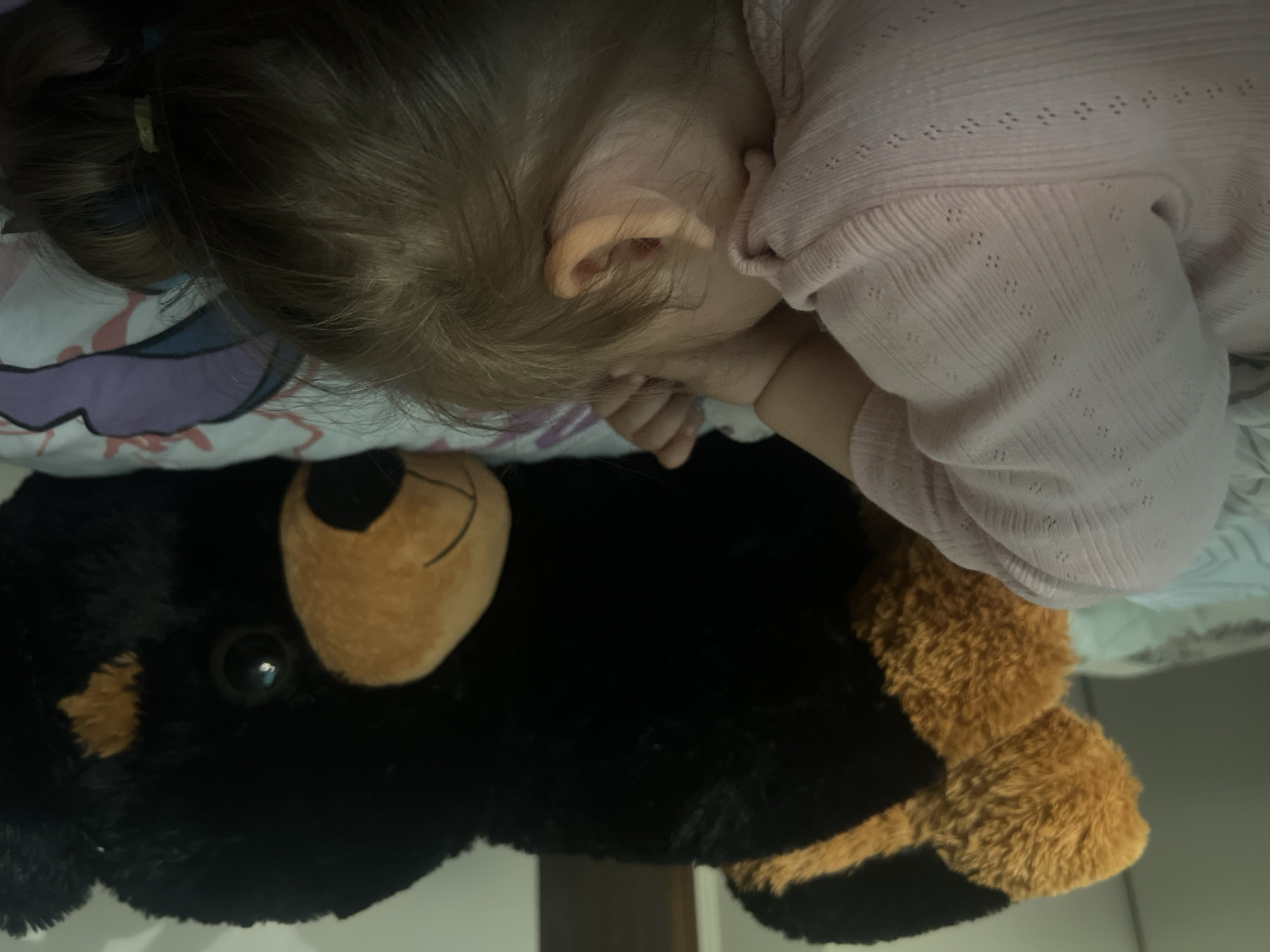 A small child lies asleep on a bed with a stuffed animal. The child is wearing a light pink, long-sleeved shirt. The child's face is turned away from the camera, with their ear visible. A black and brown stuffed dog is next to the child. The bed has a patterned pillow. The image does not contain sufficient information to verify a location in Mezdra, Bulgaria.