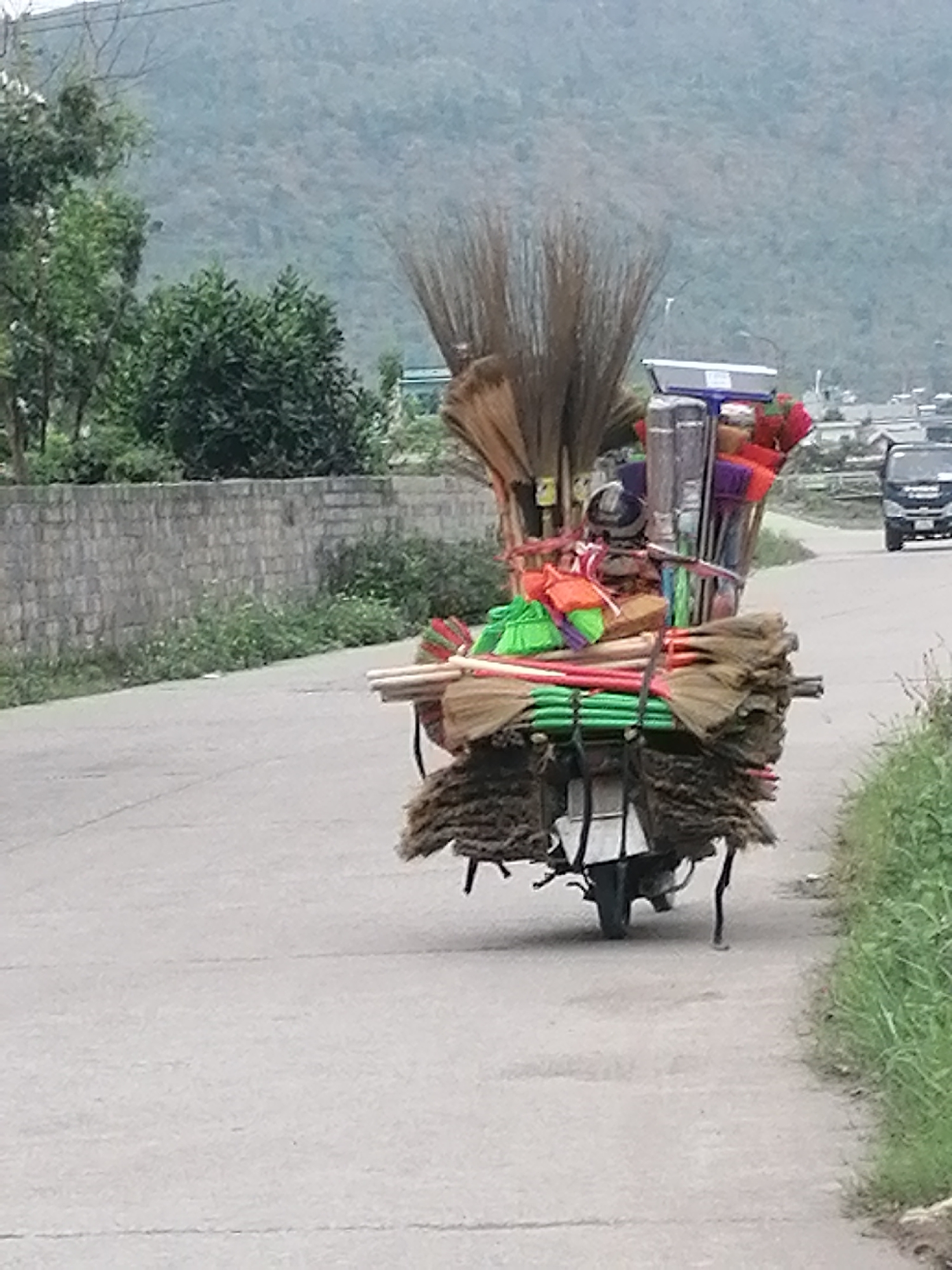 The image captures a heavily loaded motorcycle or scooter, seen from behind, traveling along a paved road. The vehicle is almost entirely obscured by an immense and diverse assortment of brooms and other cleaning supplies. Bundles of natural fiber brooms, some with long, thin stalks, are piled high, extending vertically from the rear of the vehicle. Below these, numerous brooms with colorful plastic bristles (red, green, orange, purple) are tightly packed and secured. Several flat, light-colored objects, possibly dustpans, are visible at the top of the load.
The motorcycle appears to be moving away from the viewer, heading down the road which curves slightly to the right in the distance. On the left side of the road, there is a low, grey stone wall, behind which stands a line of green trees and bushes. To the right of the road, there is a strip of overgrown grass and weeds.
In the background, a large, rolling mountain range dominates the horizon, appearing hazy under what seems to be an overcast or slightly foggy sky. Further down the road on the right, a black truck is visible in the distance, also moving away. Some scattered residential structures can be faintly seen nestled at the base of the mountains. The scene suggests a daytime setting, possibly late morning or early afternoon, with muted natural light. No people are clearly visible, but the meticulously packed goods indicate a vendor transporting wares. There is no discernible text in the image. The overall impression is of everyday commerce in a rural or semi-urban setting, consistent with Ha Tu Ward, Vietnam.