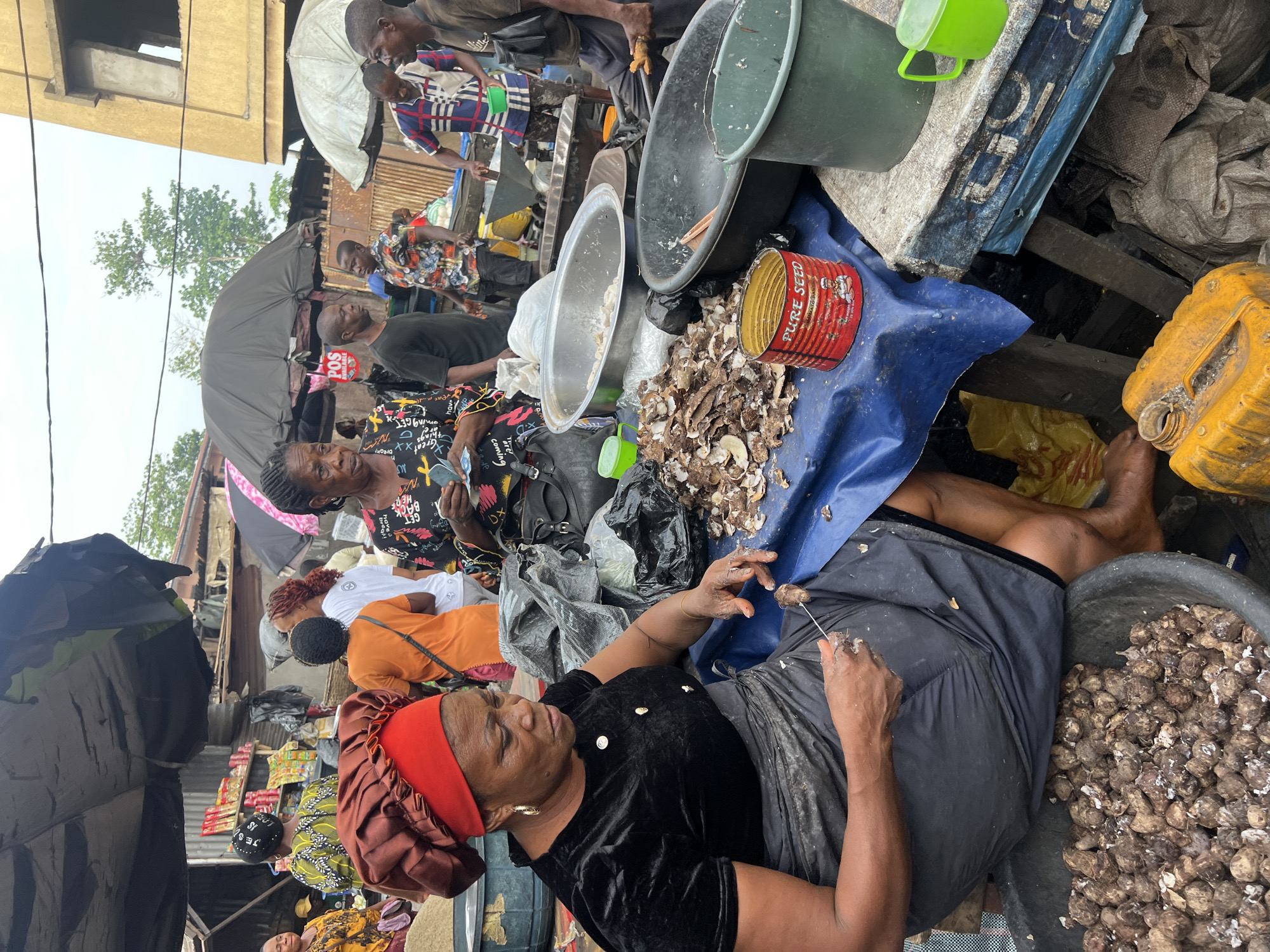 Here is a detailed description of the image:
**Scene:** A busy open-air market in an unidentified city. The market is bustling with people, umbrellas, and various stalls.
**Main Subject:** The main focus is a woman seated on the ground, likely at her market stall. She wears a red headwrap and a black velvet top. She is in the process of preparing food, possibly peeling or cleaning something. She sits beside a bucket full of objects that appear to be of a similar type.
**Other People:**
* Several other people are visible in the background, some carrying umbrellas.
* Other vendors and shoppers are present, creating a crowded market atmosphere.
**Objects:**
* A blue tarp is spread out in front of the woman, and it has food debris on it.
* A tin can labeled "PURE SEED" is visible on the tarp.
* Buckets and bowls of various sizes surround the woman, some containing the food she is preparing.
* Yellow cans are visible, one labeled "MAYOS"
* Various merchandise is displayed at other stalls, including packaged goods.
**Actions:**
* The woman is using a tool to prepare food.
* People are moving around and interacting with each other in the market.
**Environment:**
* The market appears to be set up outdoors, possibly on a street or open area.
* Buildings and trees are visible in the background.
**Overall Impression:** The image captures the energy and vibrancy of a bustling market scene in what appears to be a lower-income area. The main subject is focused on her work, while the surrounding environment is alive with activity.