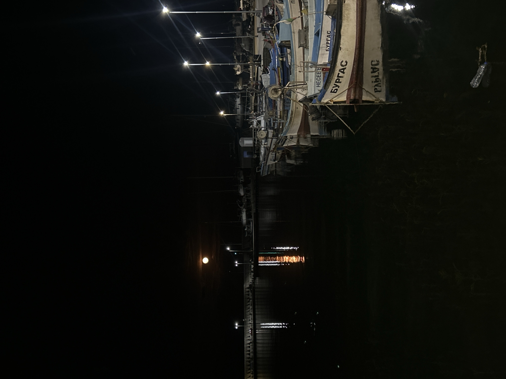 The image depicts a nighttime scene in Burgas, Bulgaria. Several boats are docked at a pier, illuminated by overhead streetlights. The boats have Cyrillic writing on them, including "Бургас" which translates to "Burgas." The pier extends into the water, with reflections of lights visible on the surface. The moon is visible in the sky. The environment is dark with visible vegetation along the water's edge. A plastic bottle floats in the water near the boats. There are no people visible in the image.